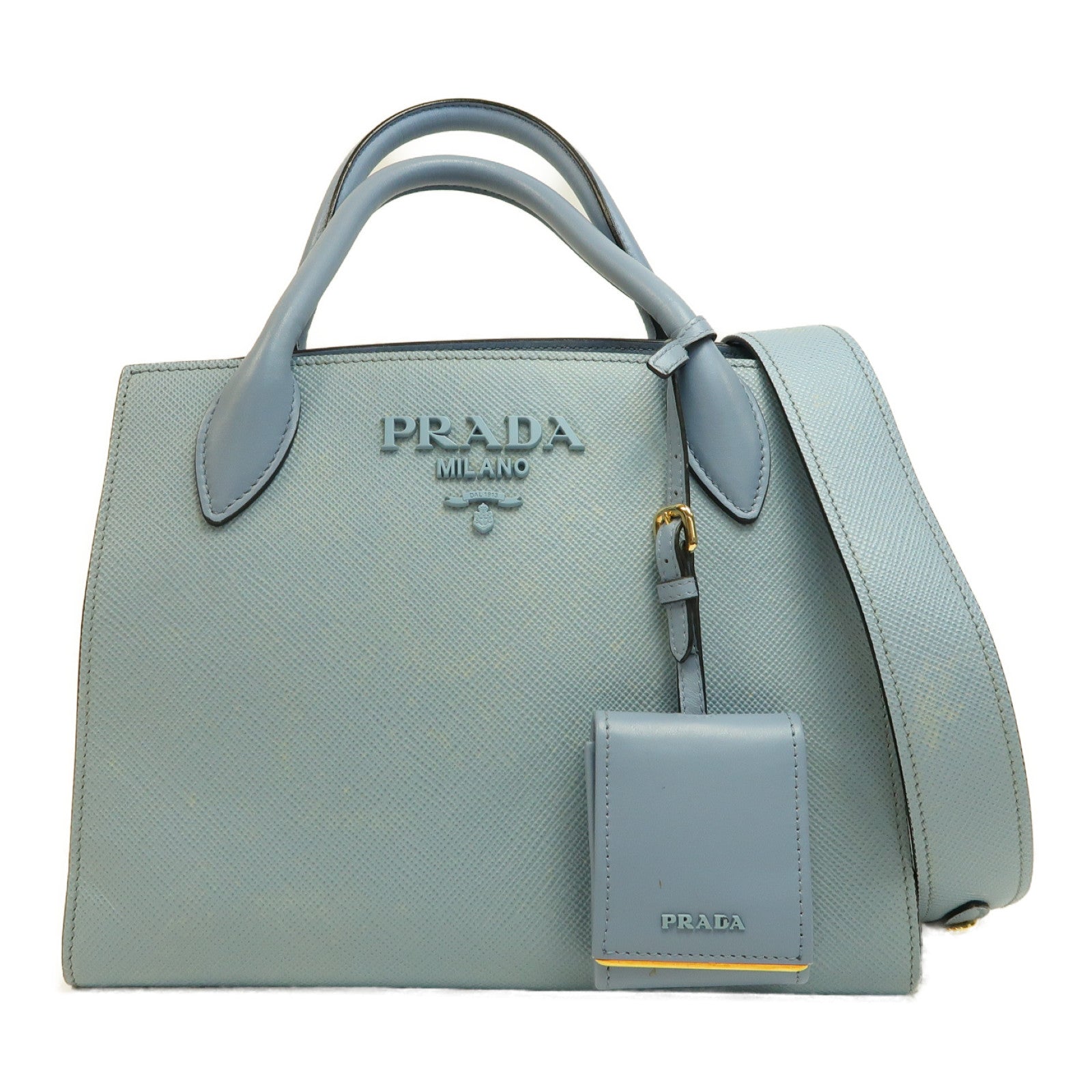 PRADA 【激減優惠】Saffiano皮革Shoulder Bag銀扣手挽肩背兩用袋藍色