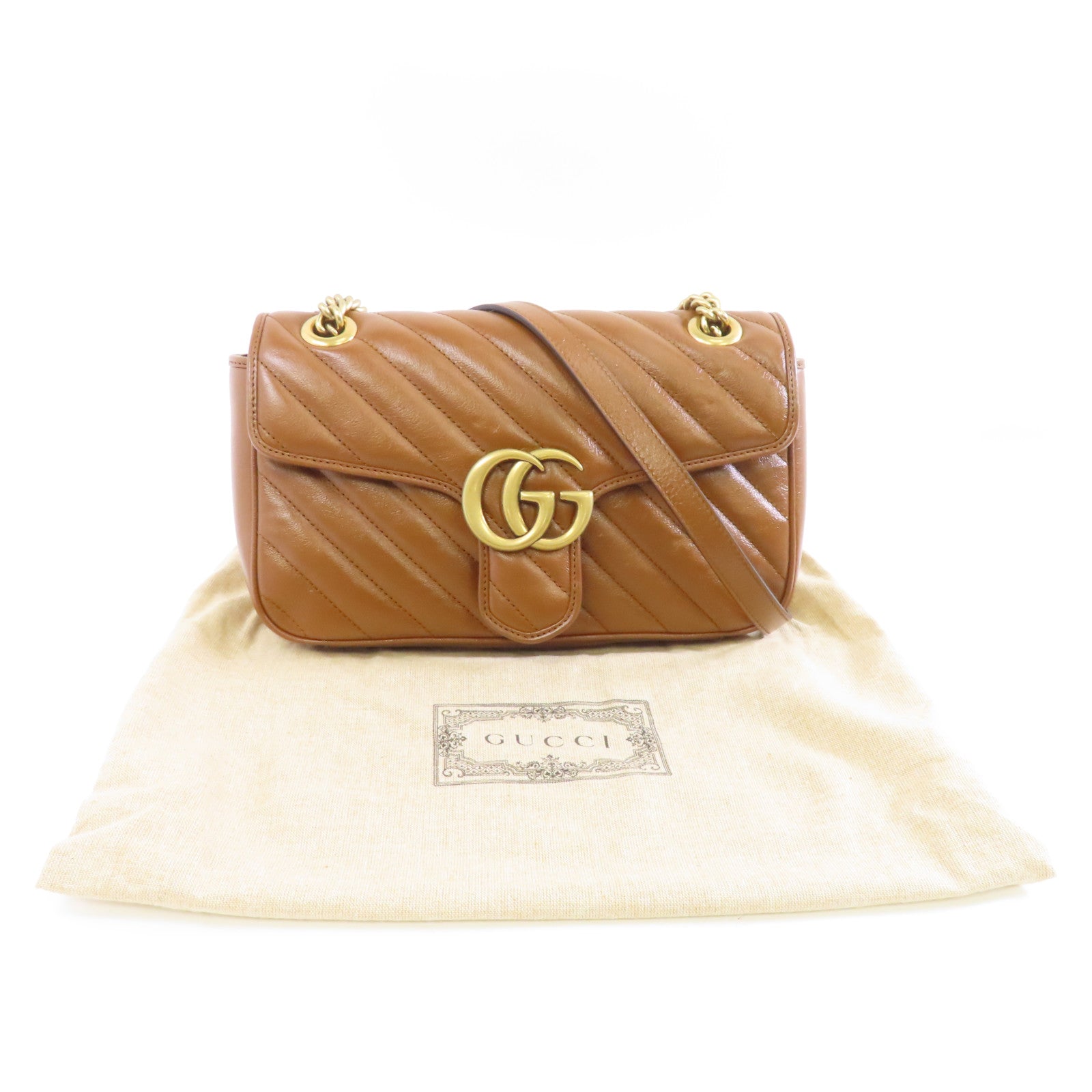 GUCCI 【激減優惠】牛皮皮革GG Marmont金扣鏈帶肩背袋啡色