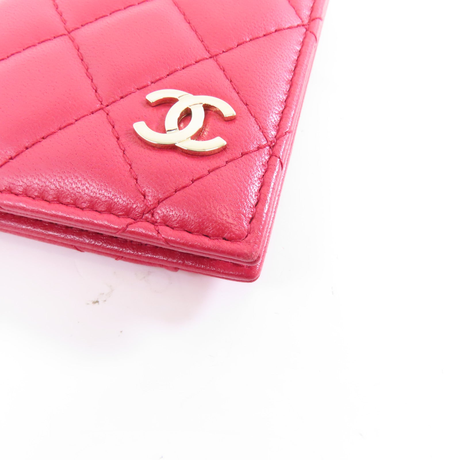 CHANEL 菱格羊皮皮革Card Case金扣卡片套紅色