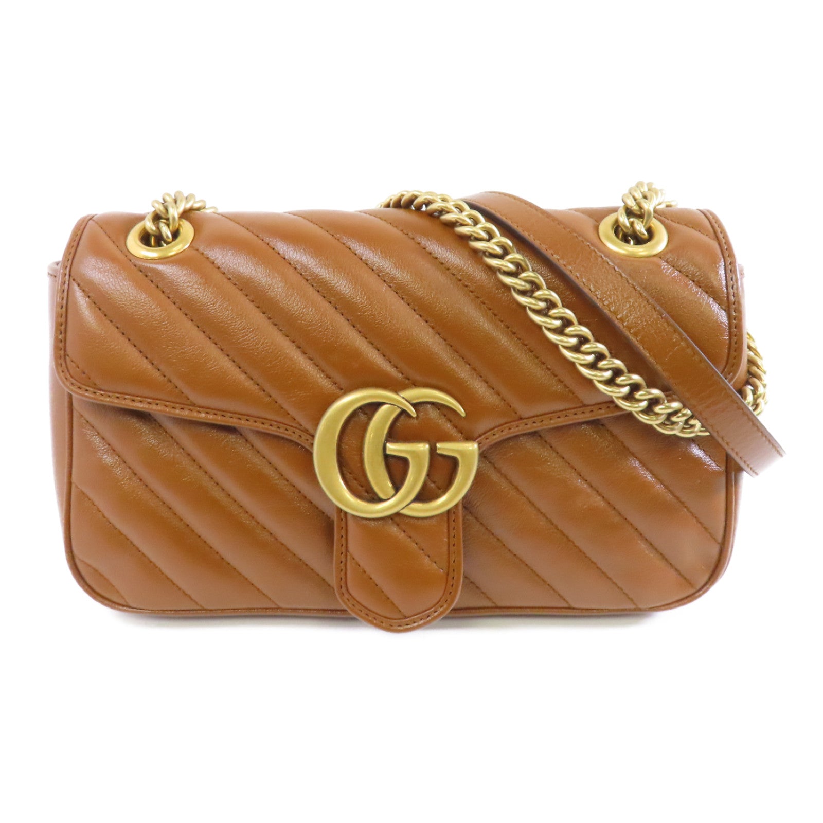 GUCCI 【激減優惠】牛皮皮革GG Marmont金扣鏈帶肩背袋啡色