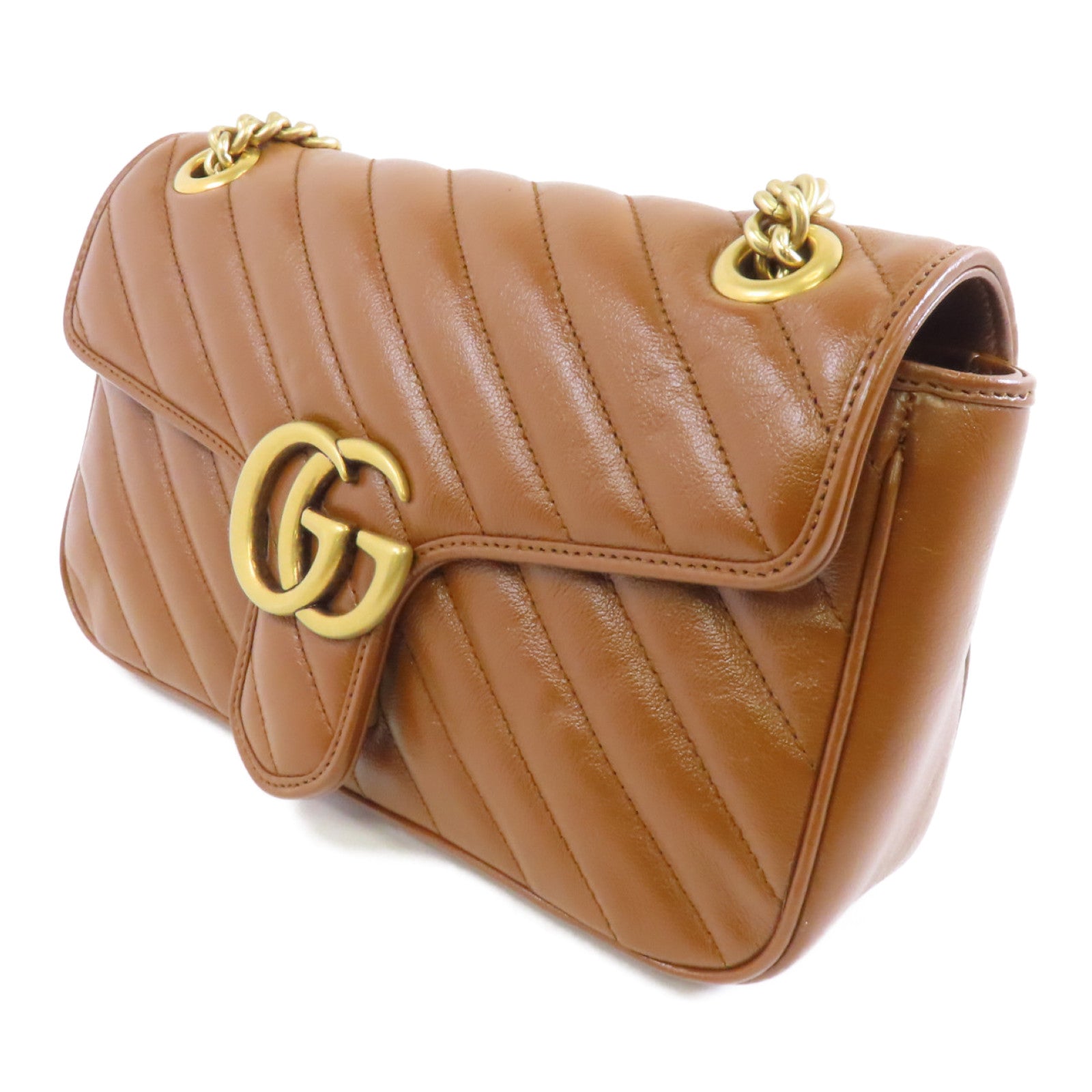 GUCCI 【激減優惠】牛皮皮革GG Marmont金扣鏈帶肩背袋啡色