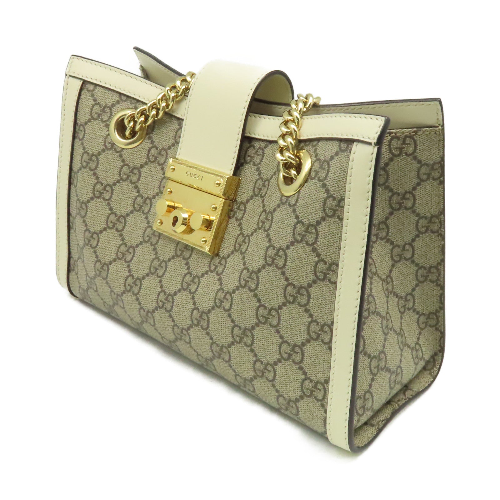 GUCCI 【激減優惠】塗層帆布Padlock GG Small Shoulder Bag金扣肩背袋啡色/米白色