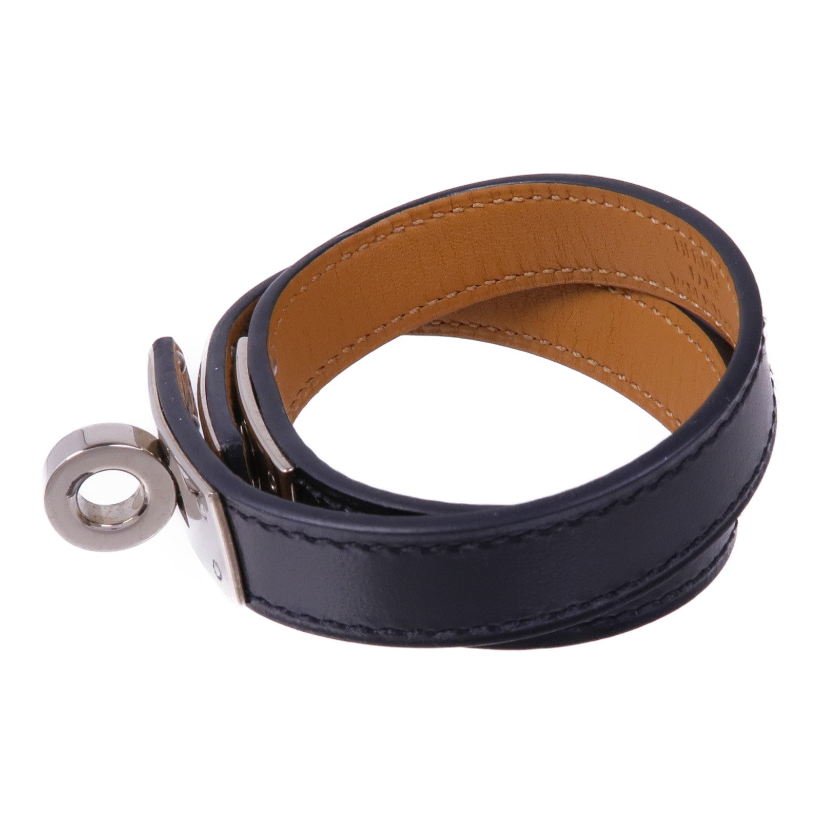 HERMES Box Calf皮革Kelly Double Tour Bracelet銀扣手帶Noir