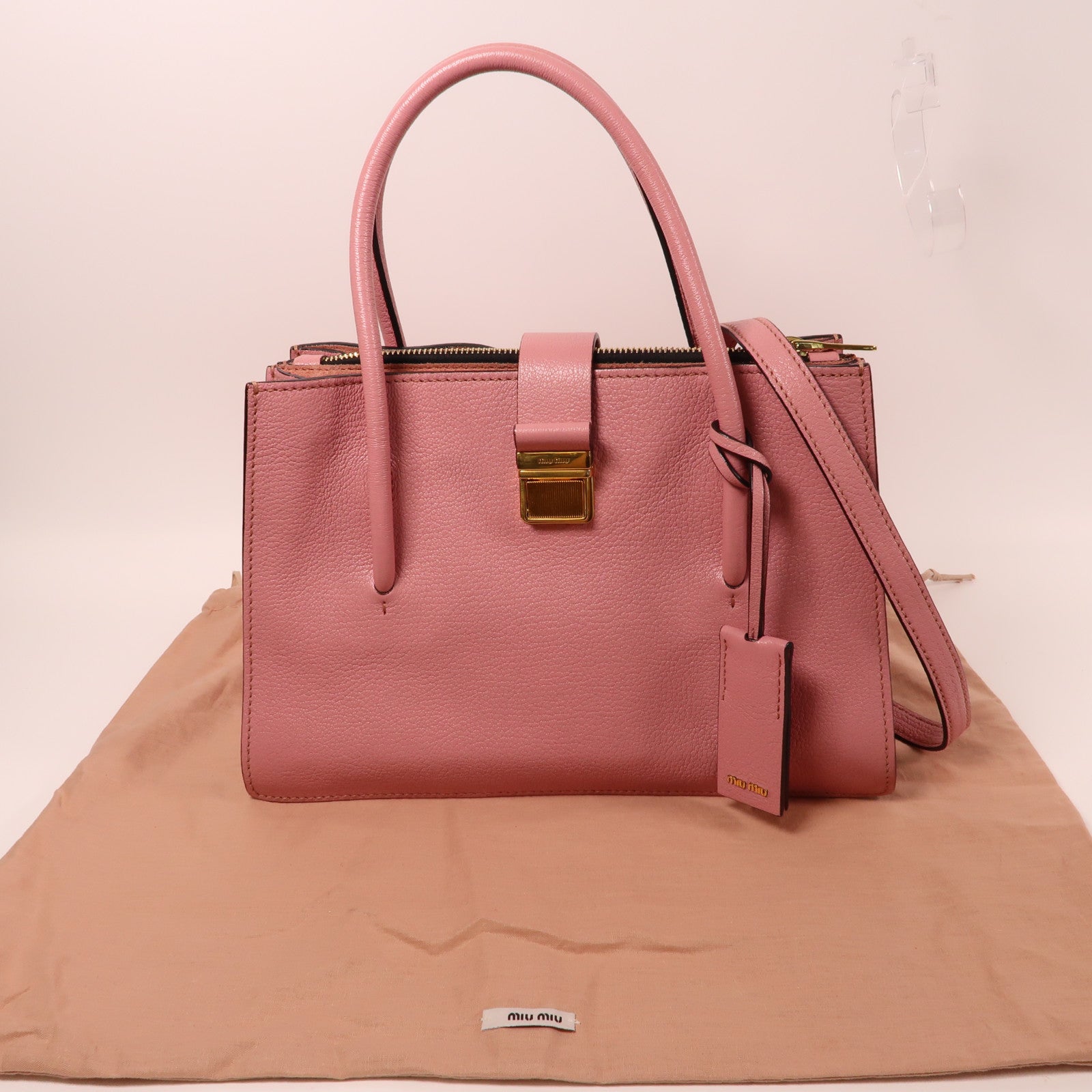 Miu Miu 牛皮皮革Madras金扣手挽肩背兩用袋粉紅色