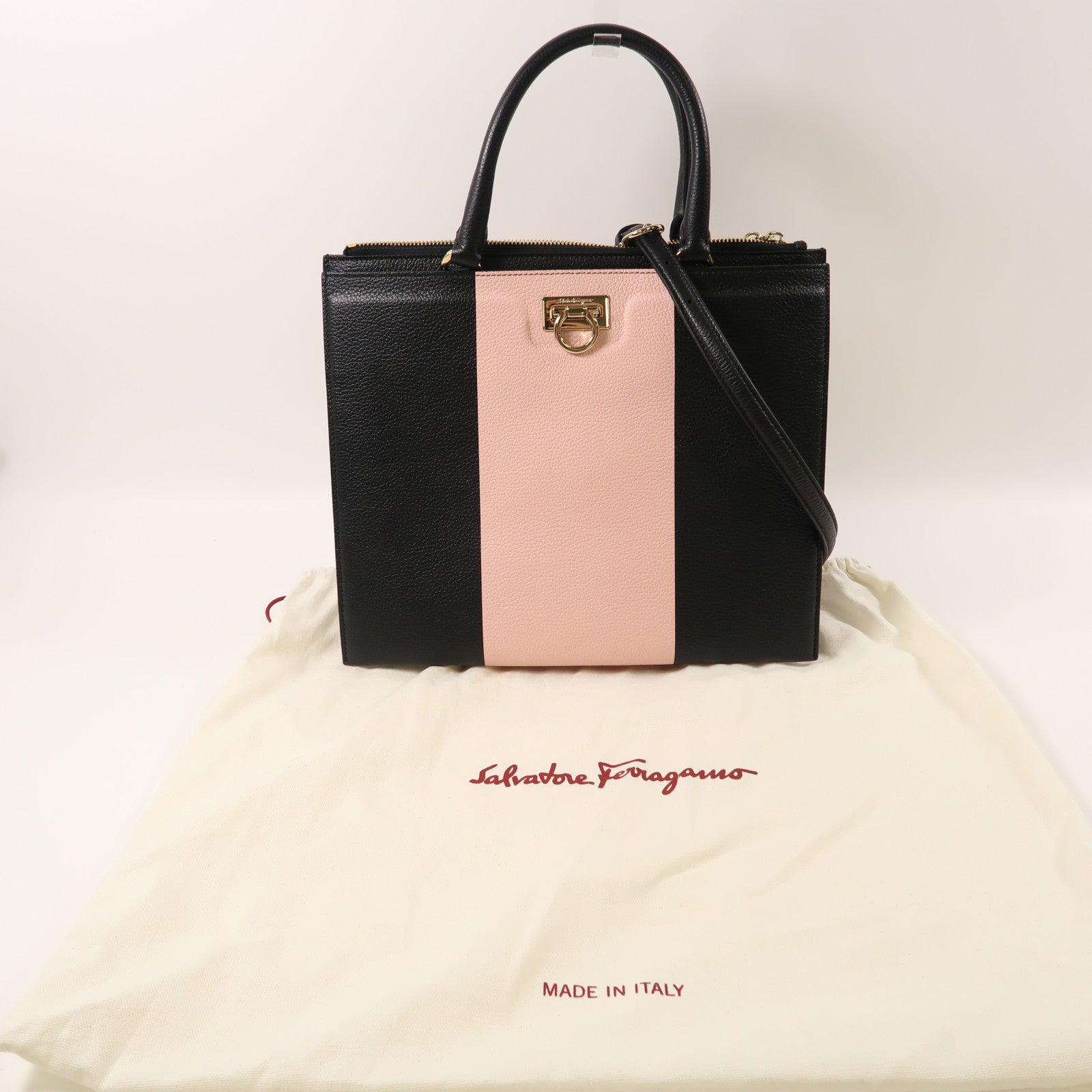 Salvatore Ferragamo 牛皮皮革Shoulder Bag金扣手挽肩背兩用袋粉紅色/黑色
