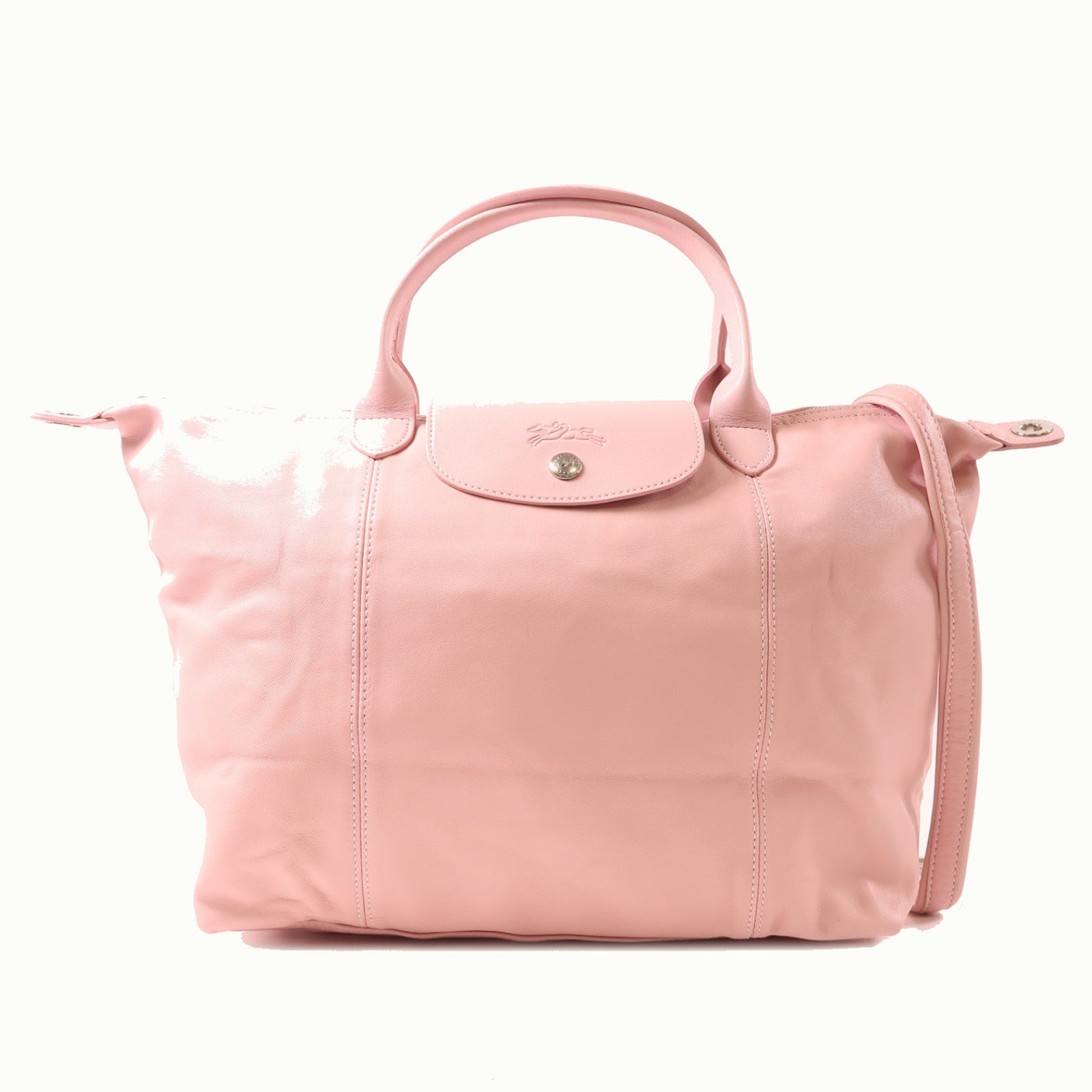 Longchamp 羊皮皮革Shoulder Bag銀扣手挽肩背兩用袋粉紅色