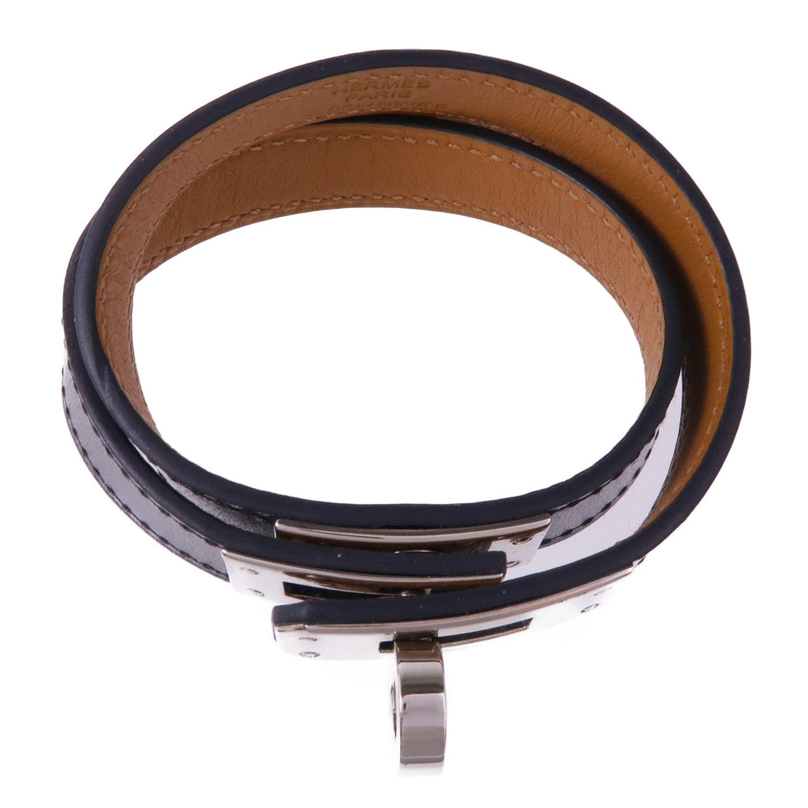 HERMES Box Calf皮革Kelly Double Tour Bracelet銀扣手帶Noir