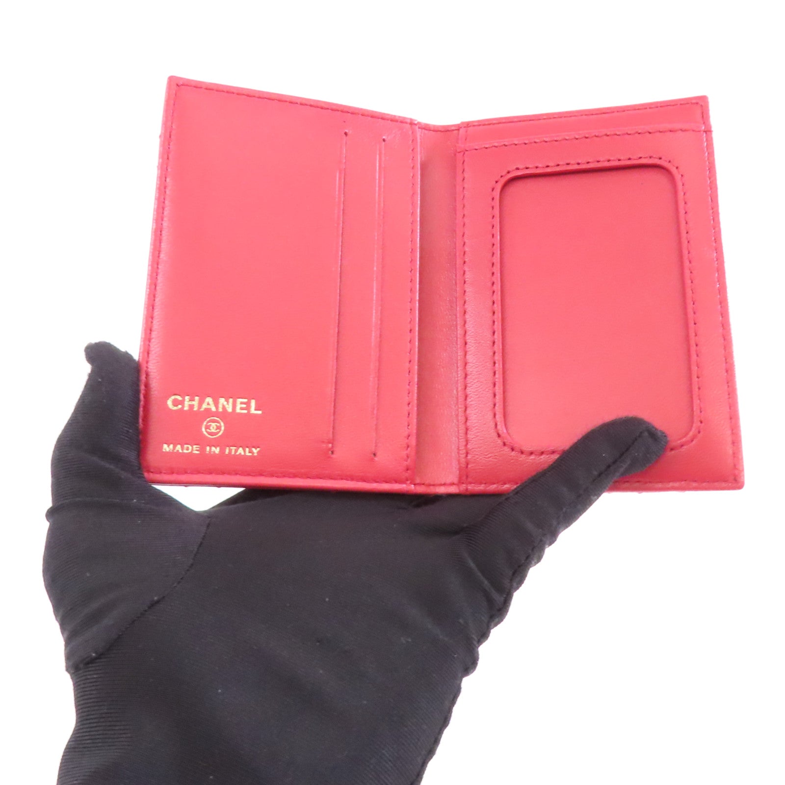 CHANEL 菱格羊皮皮革Card Case金扣卡片套紅色