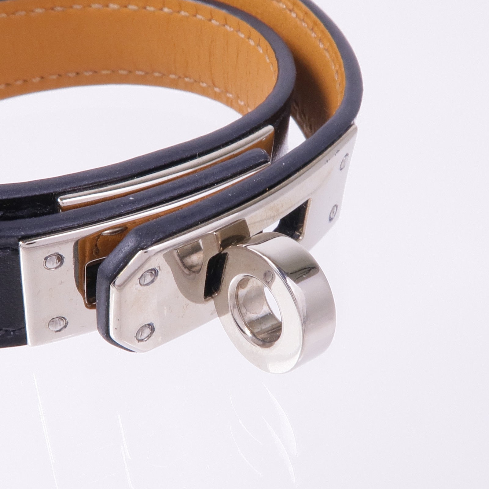 HERMES Box Calf皮革Kelly Double Tour Bracelet銀扣手帶Noir