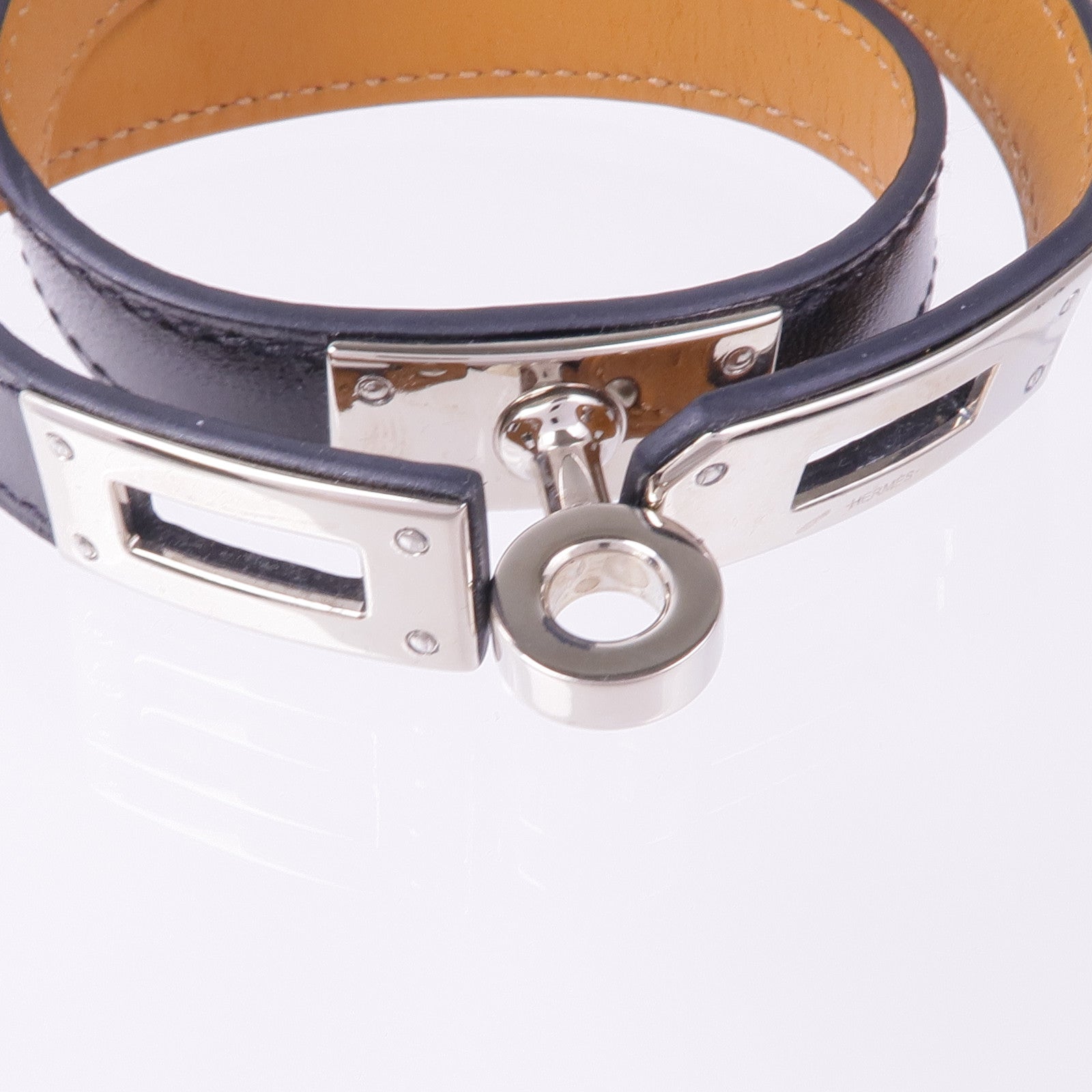 HERMES Box Calf皮革Kelly Double Tour Bracelet銀扣手帶Noir