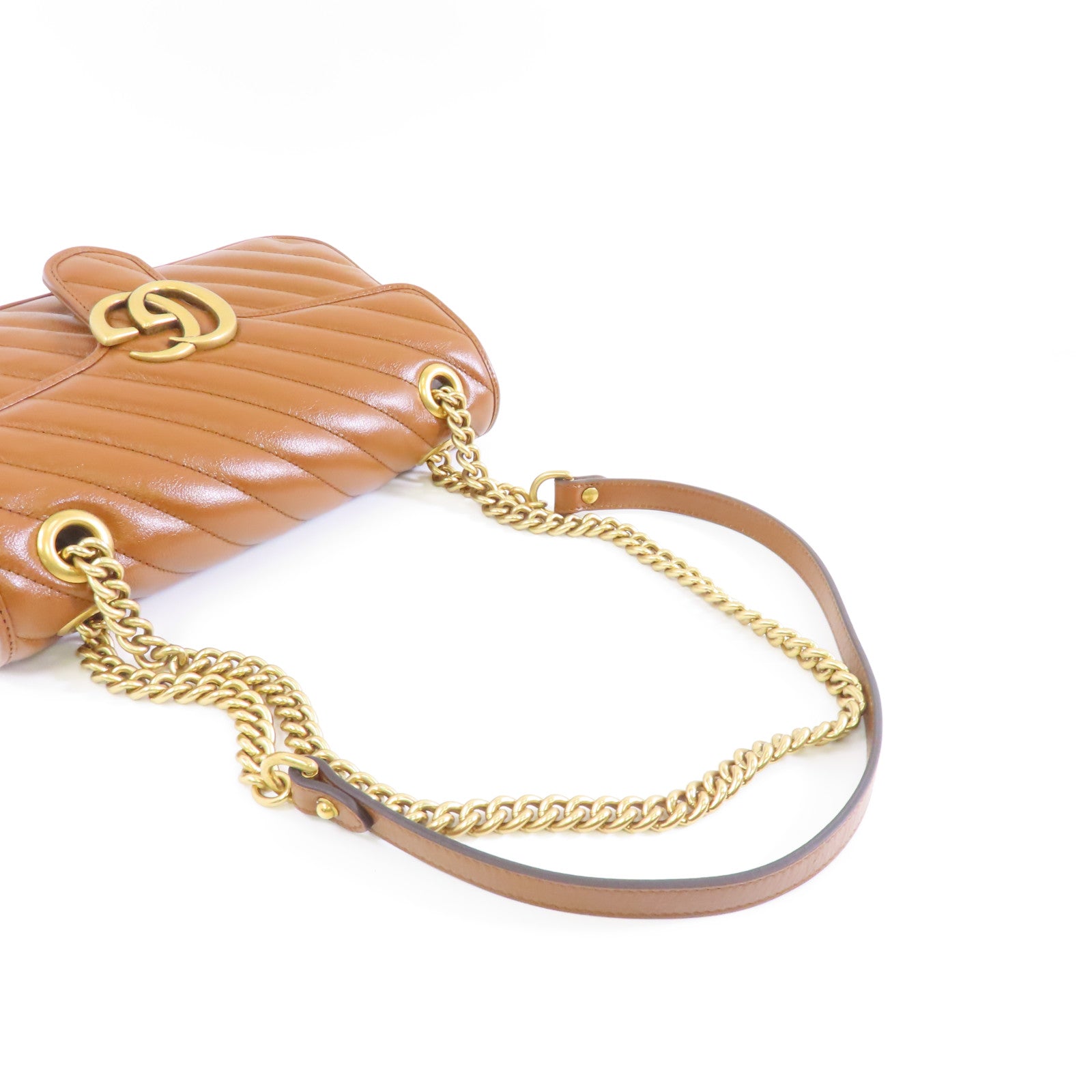 GUCCI 【激減優惠】牛皮皮革GG Marmont金扣鏈帶肩背袋啡色