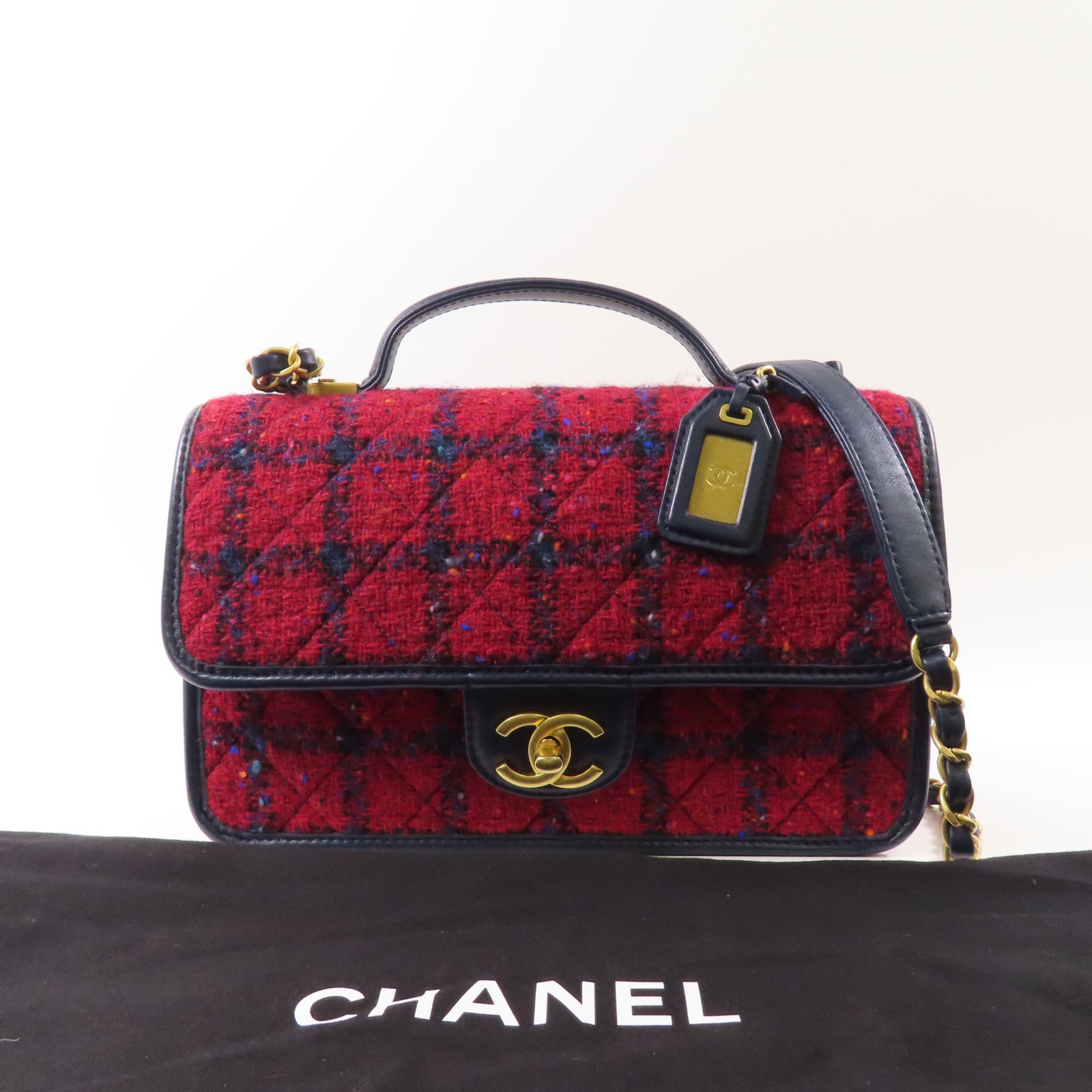 CHANEL【激減優惠】 Tweed/皮革2Way Shoulder金扣手挽肩背兩用袋