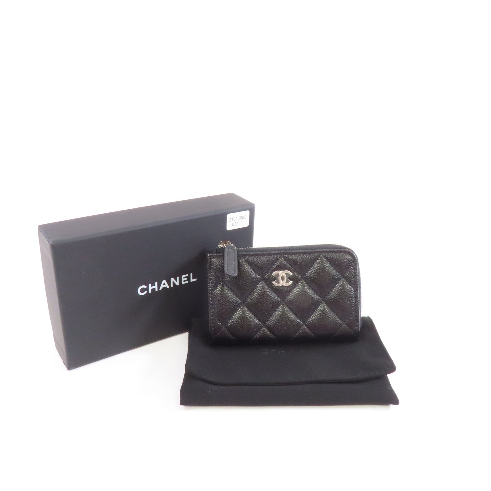CHANEL 菱格Caviar皮革Coin Case銀扣零錢包黑色