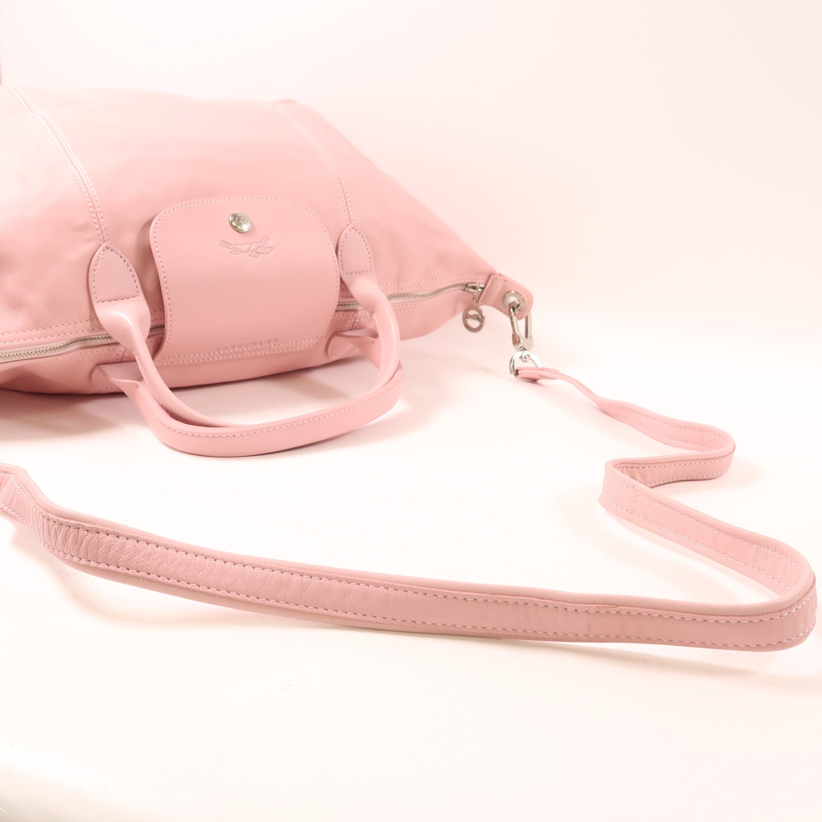 Longchamp 羊皮皮革Shoulder Bag銀扣手挽肩背兩用袋粉紅色