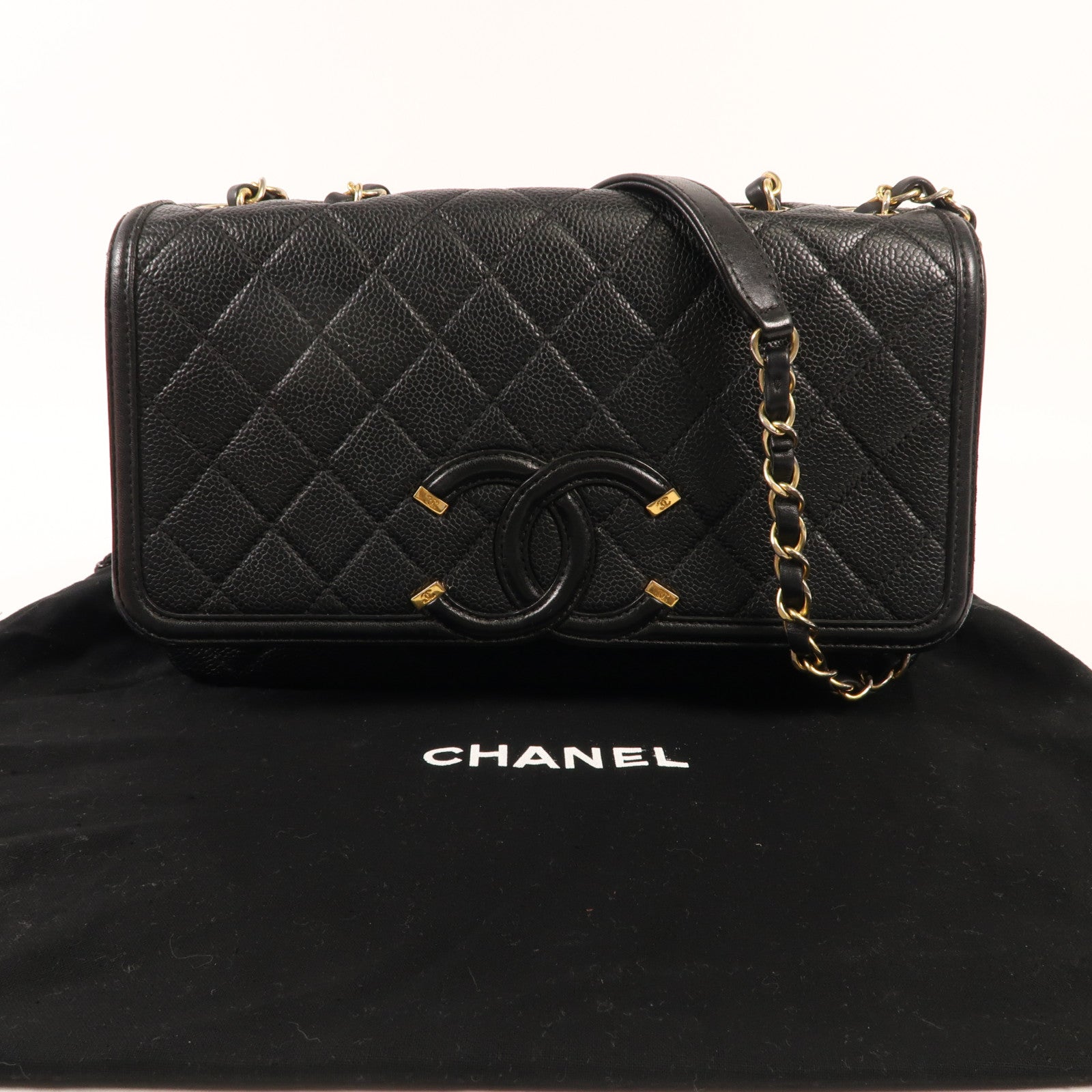 CHANEL 牛皮皮革Chain Shoulder金扣鏈帶肩背袋
