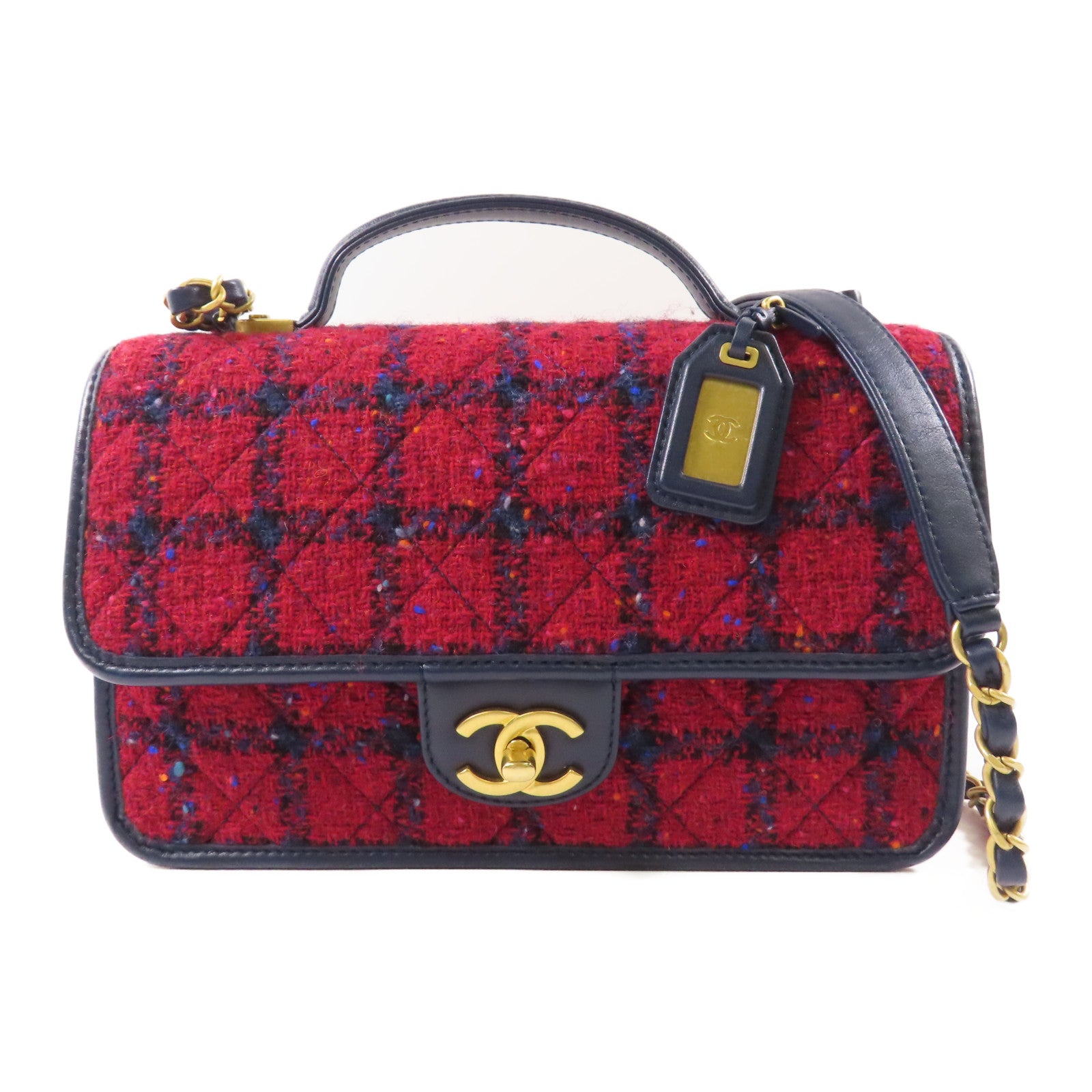 CHANEL【激減優惠】 Tweed/皮革2Way Shoulder金扣手挽肩背兩用袋