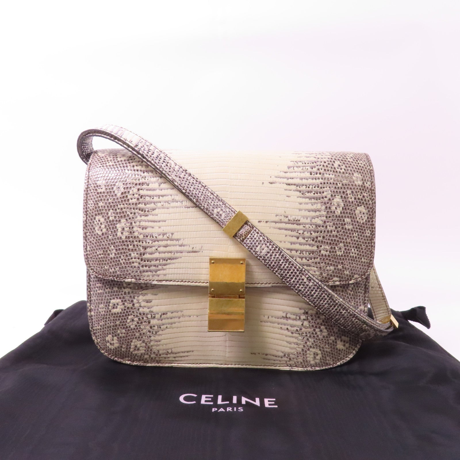 CELINE 蜥蝪皮革Classic Box金扣肩背袋白色/啡色