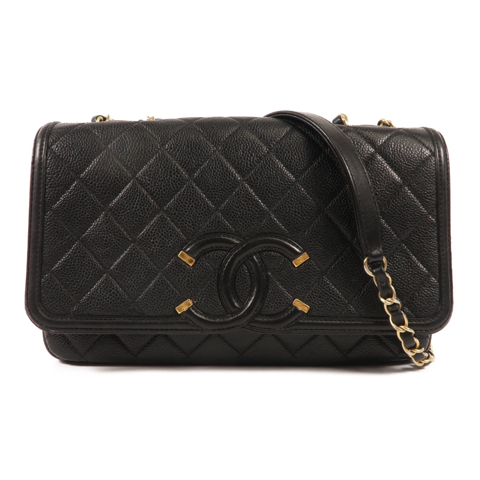 CHANEL 牛皮皮革Chain Shoulder金扣鏈帶肩背袋