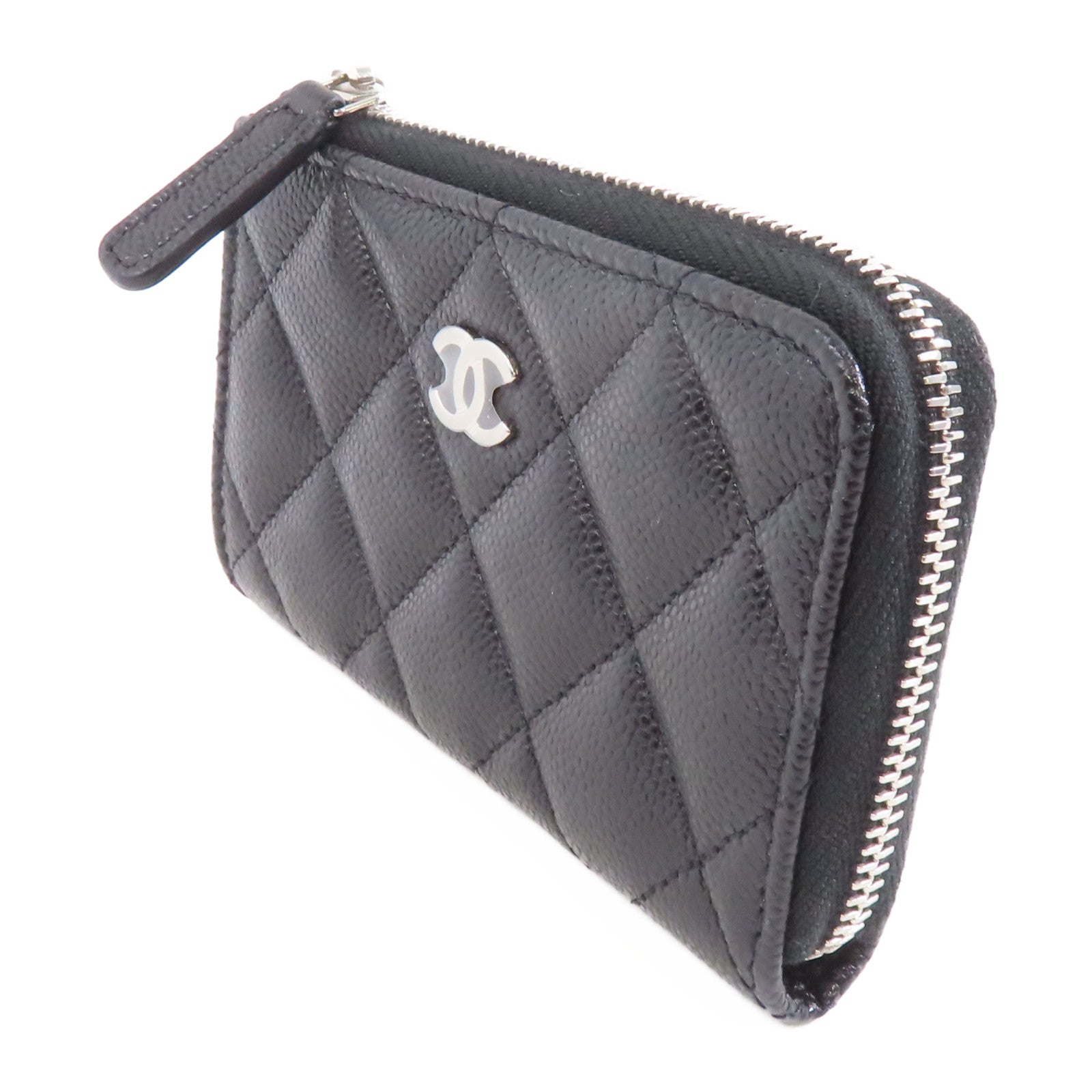 CHANEL 菱格Caviar皮革Coin Case銀扣零錢包黑色