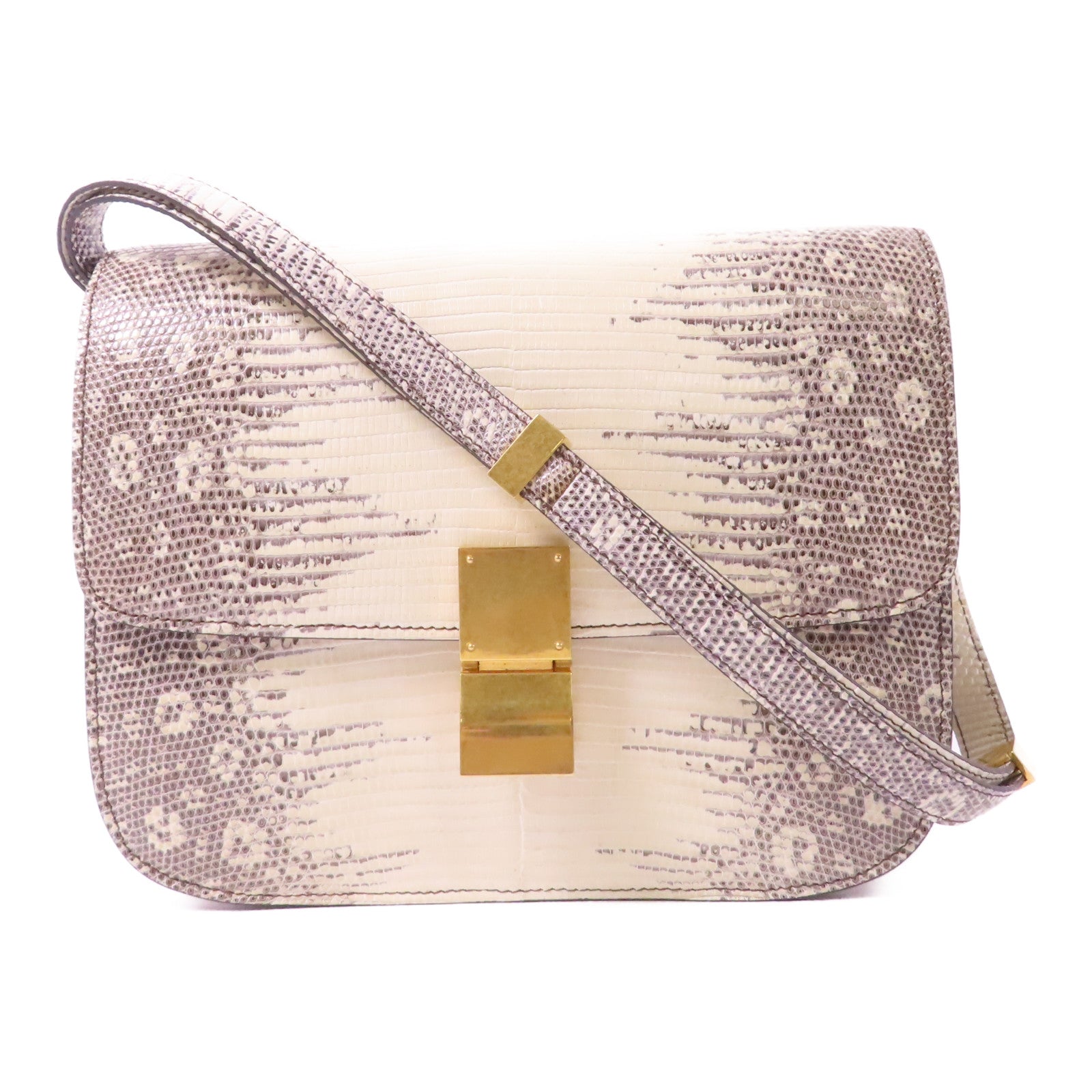 CELINE 蜥蝪皮革Classic Box金扣肩背袋白色/啡色