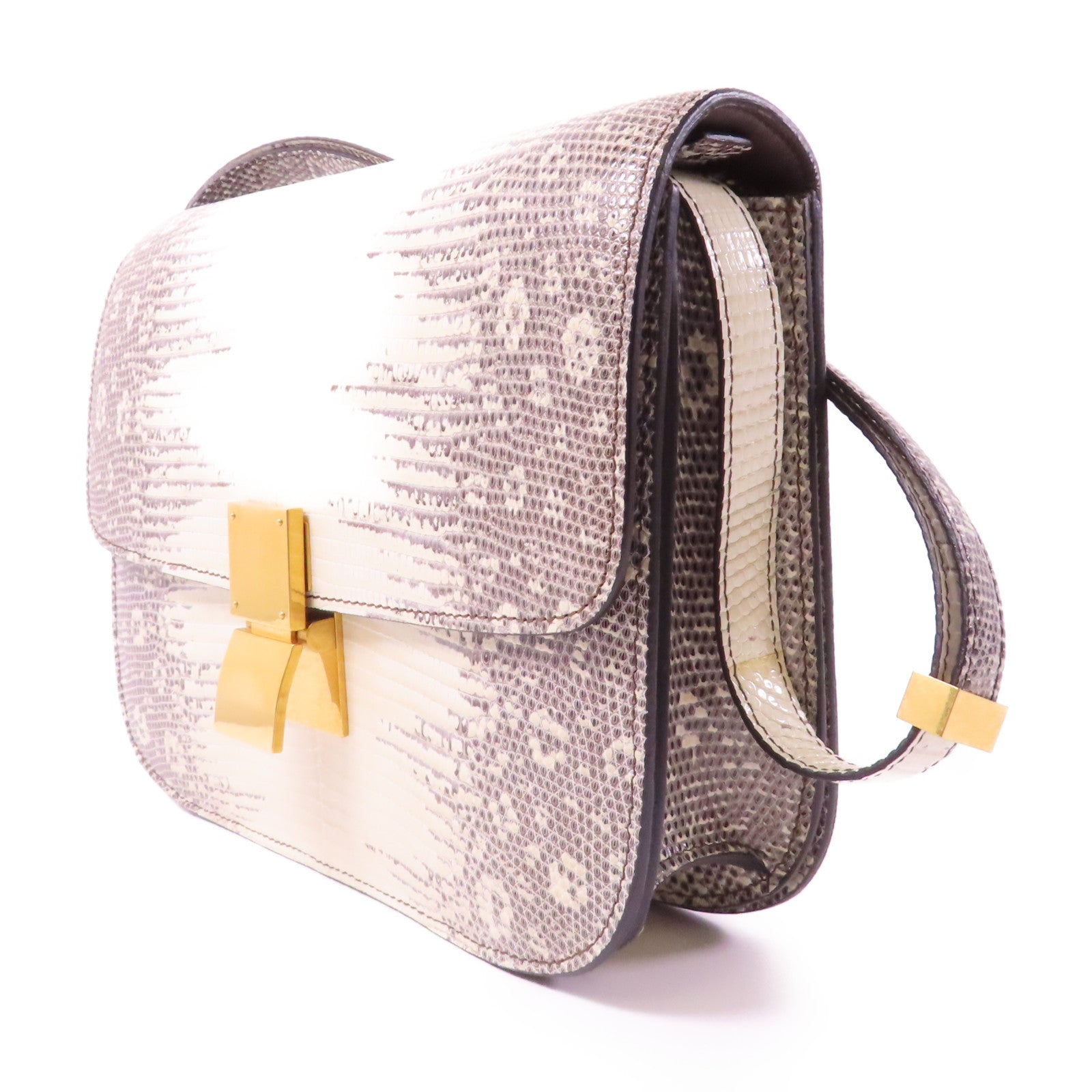 CELINE 蜥蝪皮革Classic Box金扣肩背袋白色/啡色