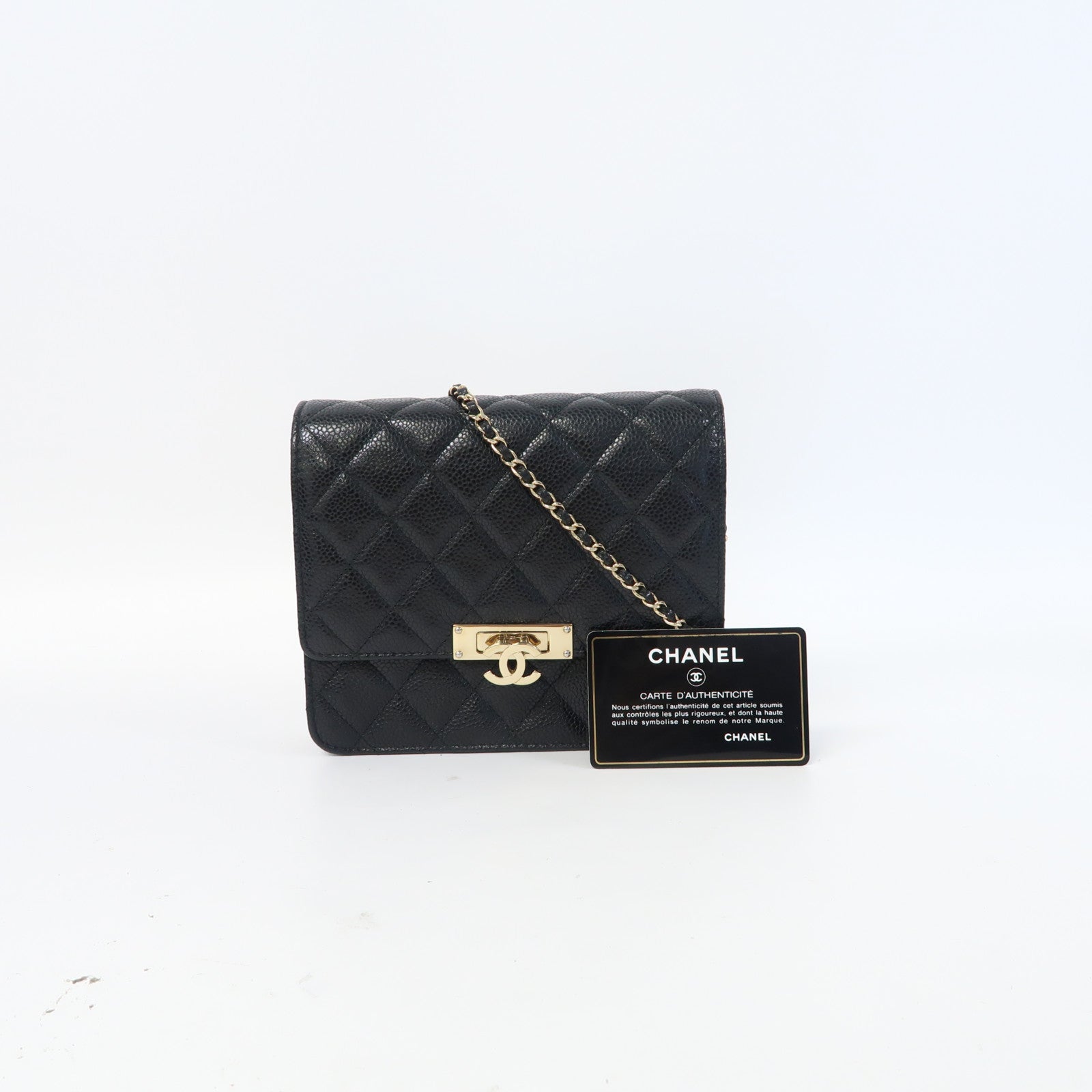 CHANEL 菱格羊皮皮革Chain Shoulder金扣鏈帶肩背袋黑色