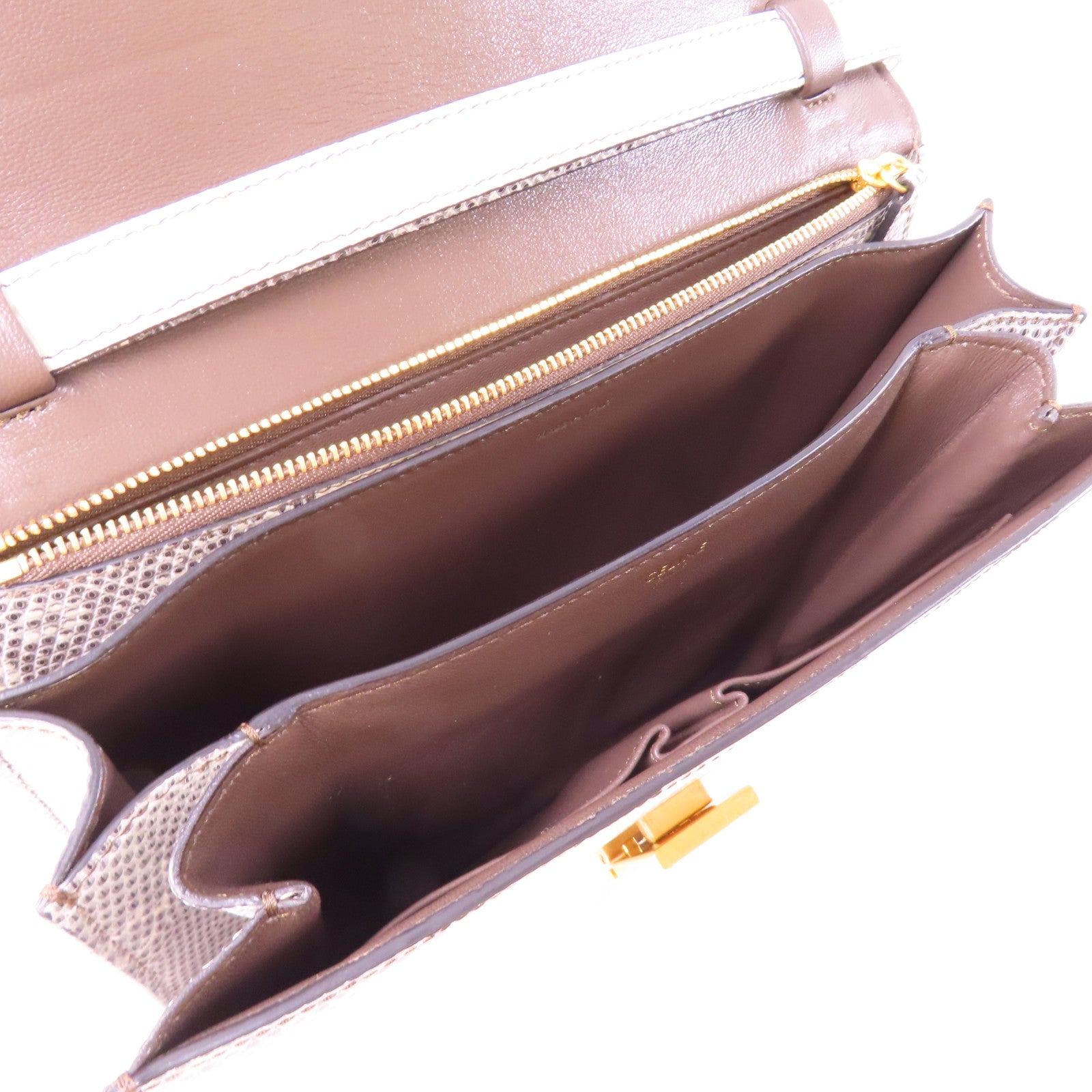 CELINE 蜥蝪皮革Classic Box金扣肩背袋白色/啡色