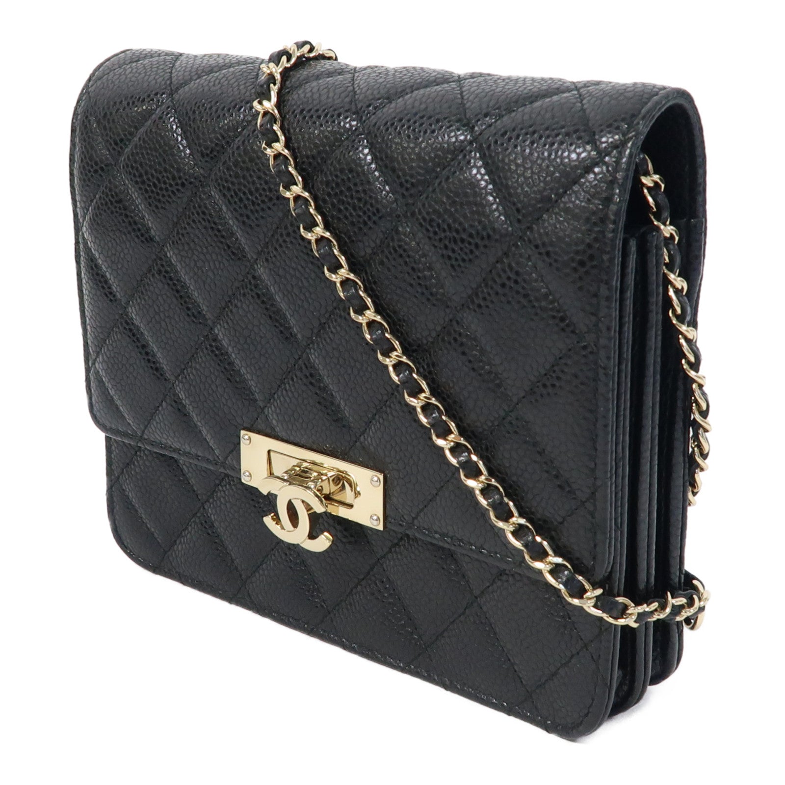 CHANEL 菱格羊皮皮革Chain Shoulder金扣鏈帶肩背袋黑色