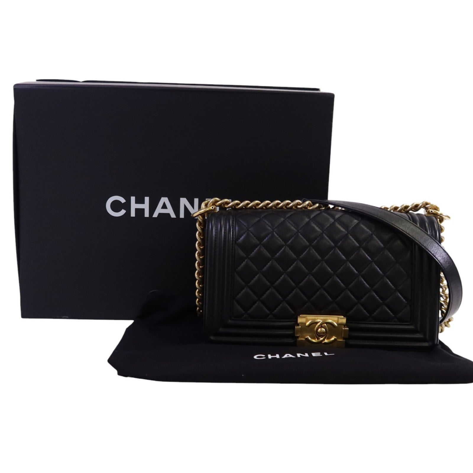 CHANEL 羊皮皮革Boy 25金扣鏈帶肩背袋