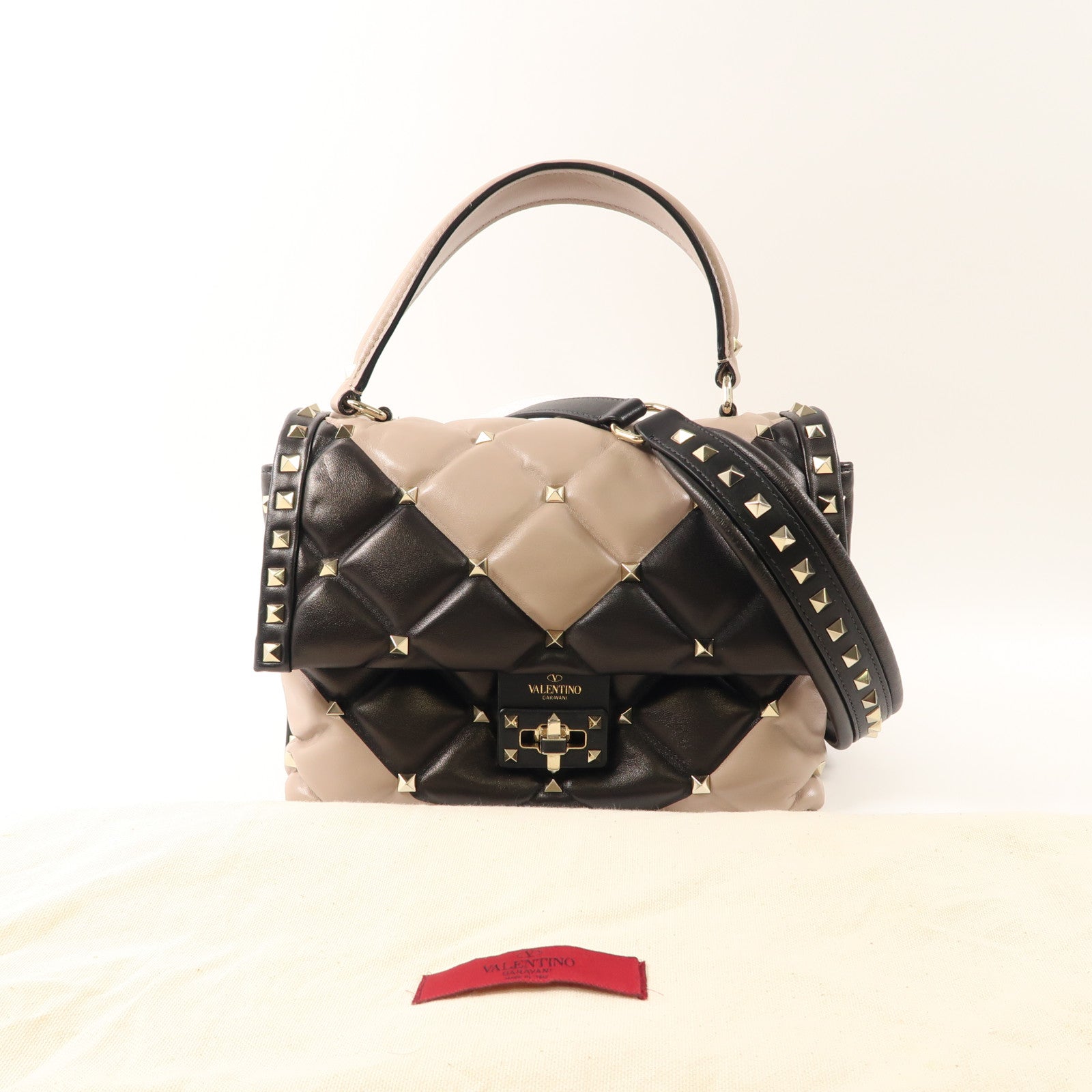 Valentino 牛皮皮革2way Shoulder Bag金扣手挽肩背兩用袋杏色/黑色