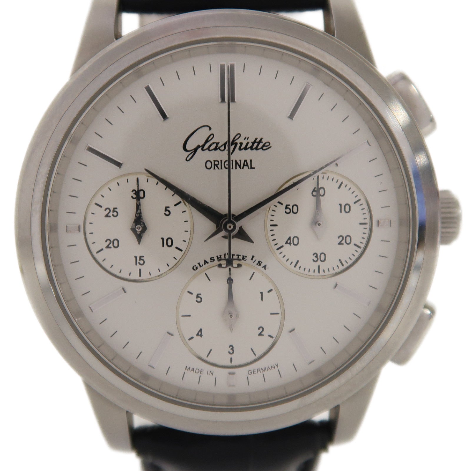 GLASHUTTE ORIGINAL Senator Chronograph不鏽鋼/皮革帶手錶自動機芯銀色