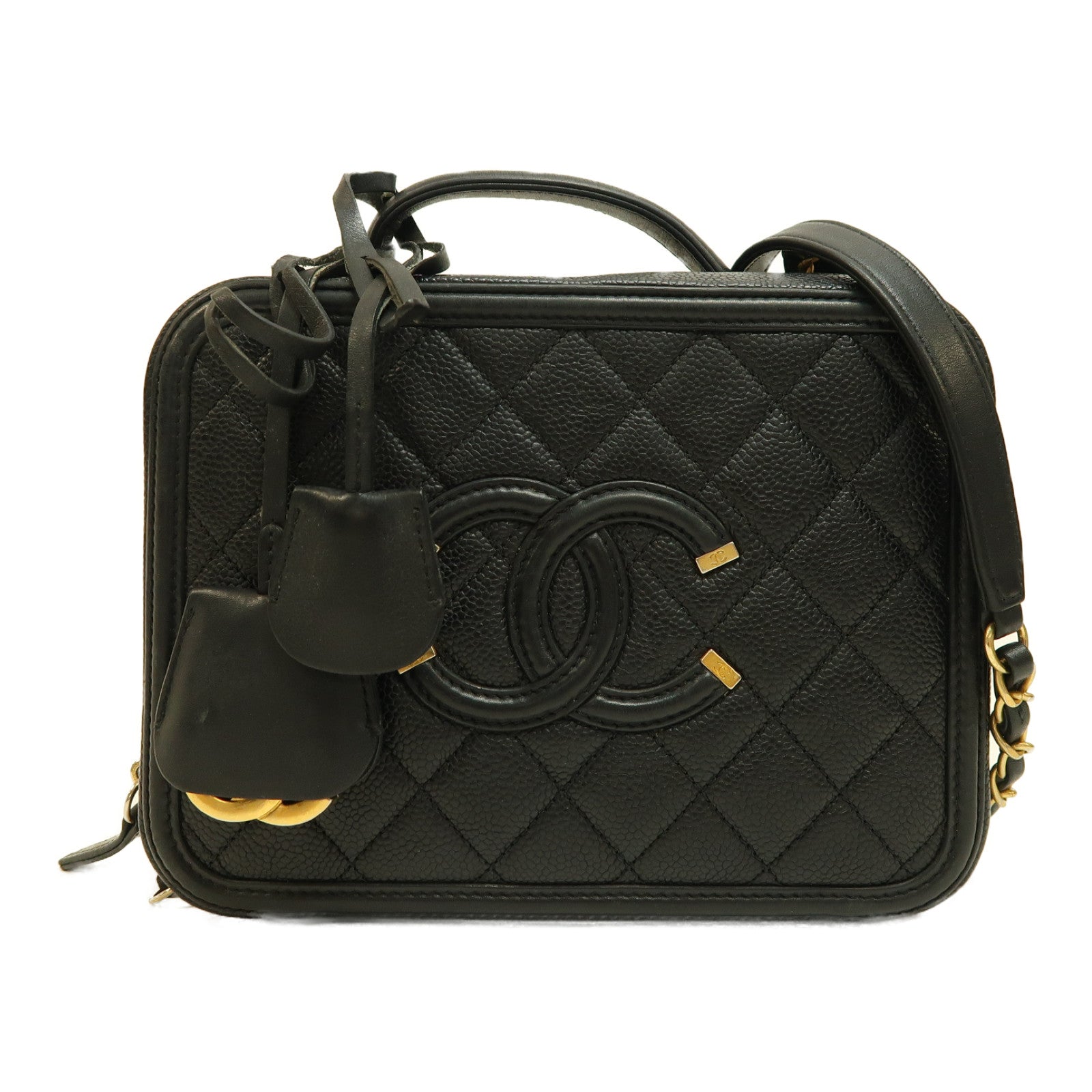 CHANEL 菱格Caviar皮革Vanity Case金扣手挽肩背兩用袋黑色