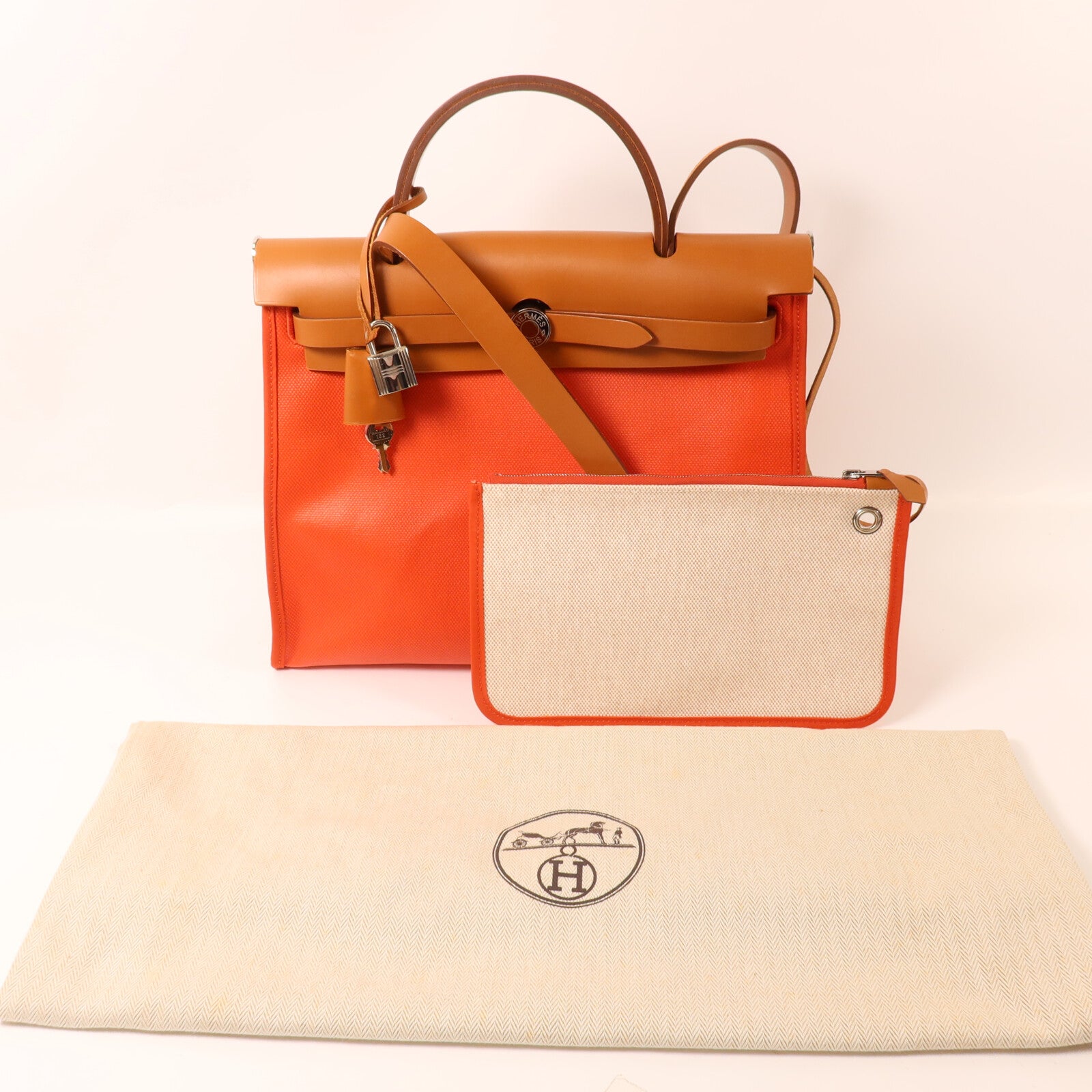 HERMES 帆布Herbag PM手挽肩背兩用袋Orange Mecano/Beige/Fauve