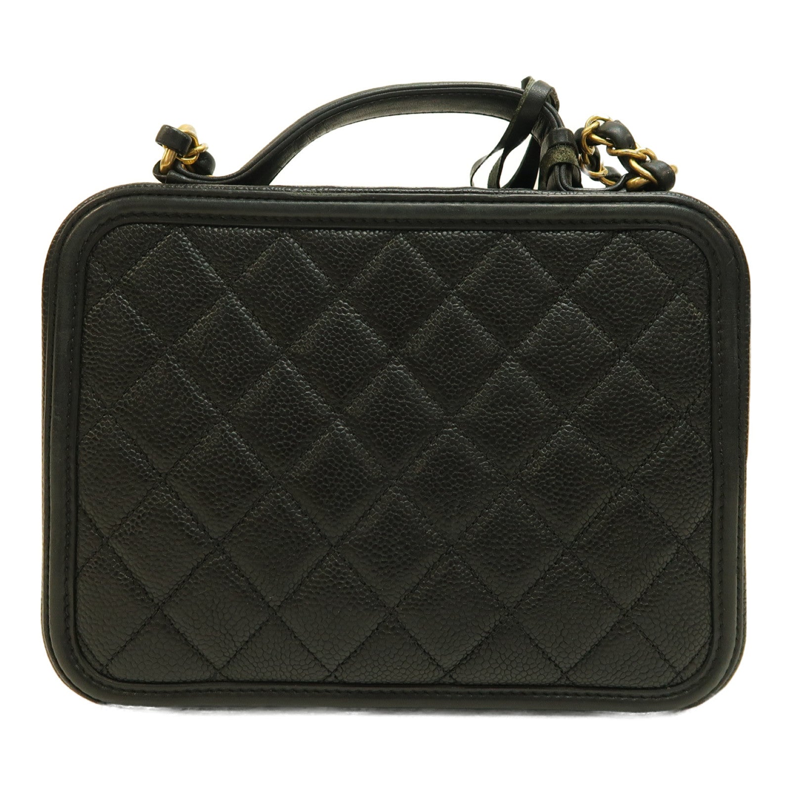 CHANEL 菱格Caviar皮革Vanity Case金扣手挽肩背兩用袋黑色