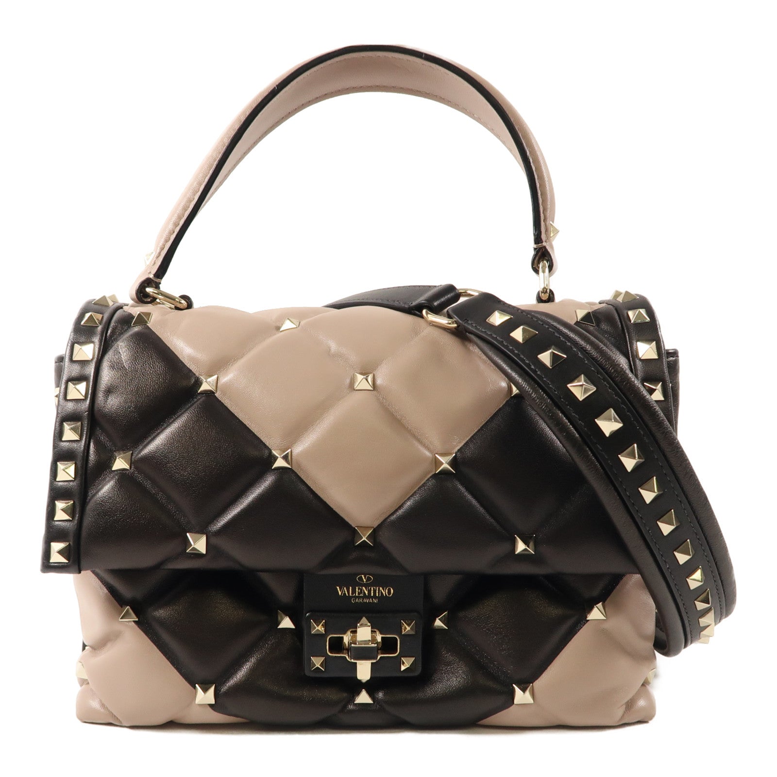 Valentino 牛皮皮革2way Shoulder Bag金扣手挽肩背兩用袋杏色/黑色