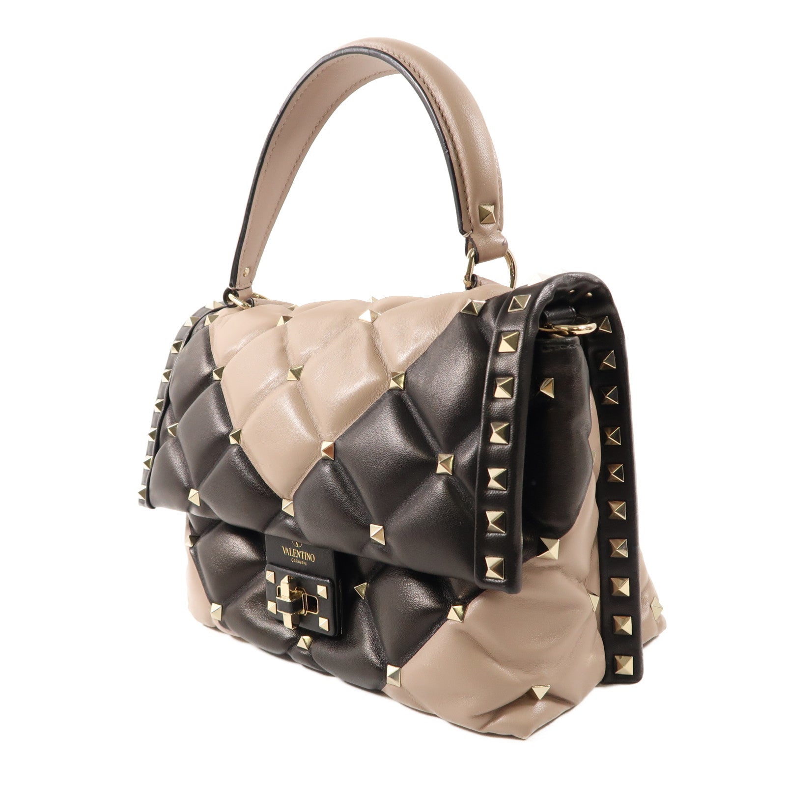 Valentino 牛皮皮革2way Shoulder Bag金扣手挽肩背兩用袋杏色/黑色