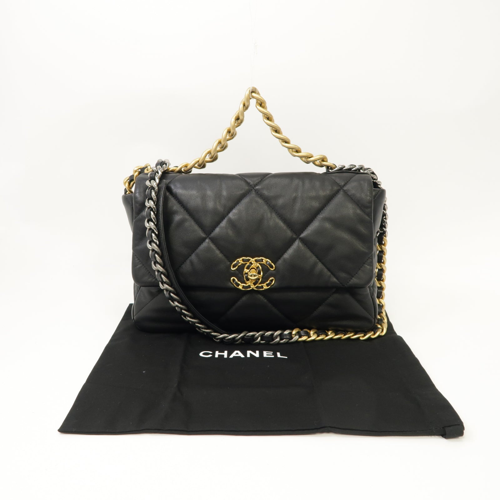 CHANEL 菱格羊皮皮革Chanel 19 Chain Shoulder金扣/銀扣鏈帶手挽肩背兩用袋黑色