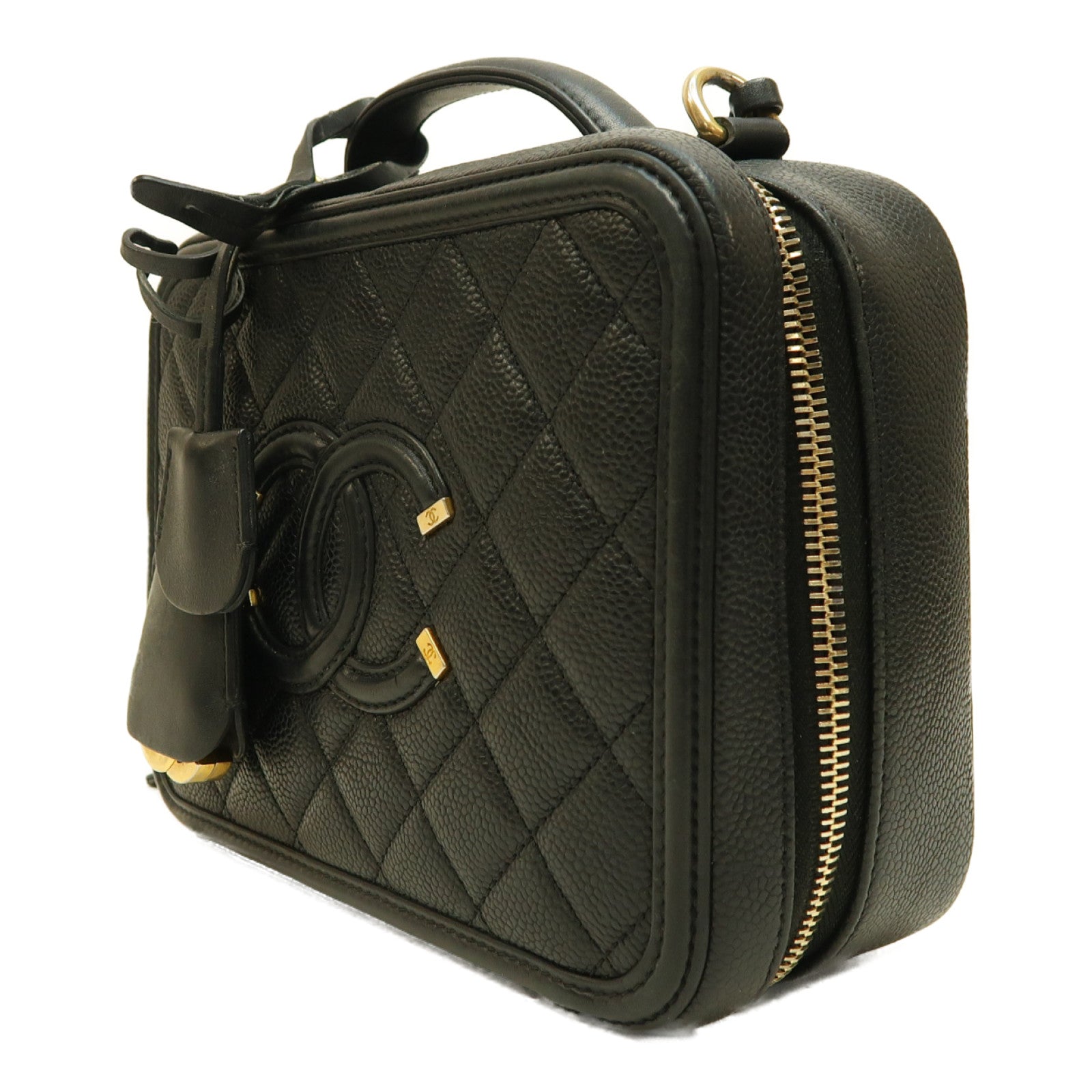 CHANEL 菱格Caviar皮革Vanity Case金扣手挽肩背兩用袋黑色
