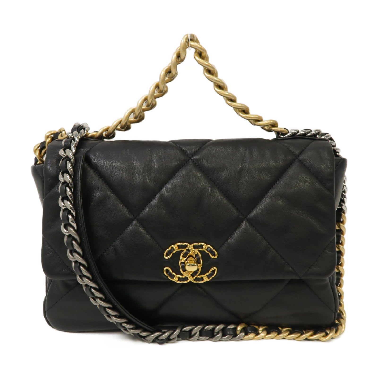 CHANEL 菱格羊皮皮革Chanel 19 Chain Shoulder金扣/銀扣鏈帶手挽肩背兩用袋黑色