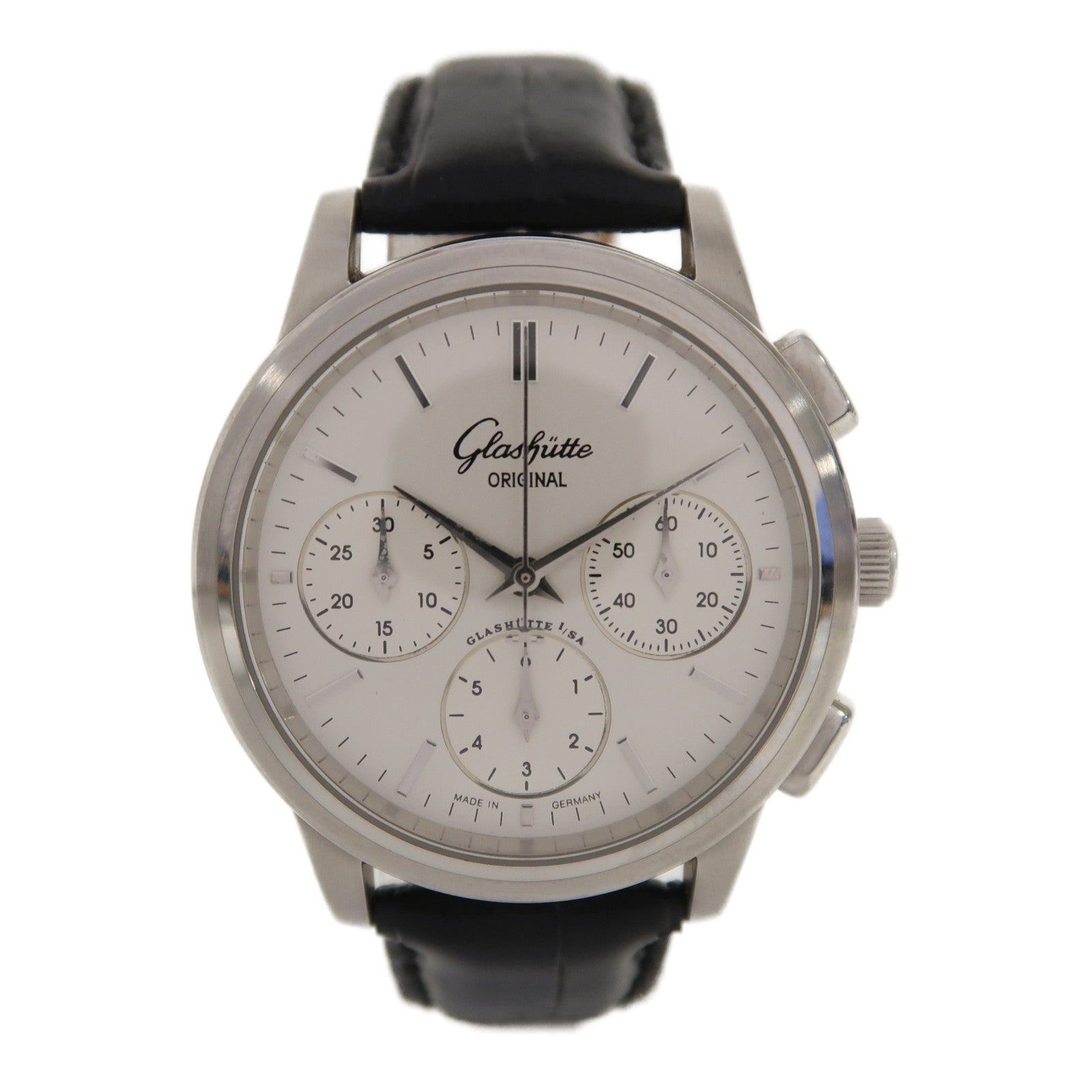 GLASHUTTE ORIGINAL Senator Chronograph不鏽鋼/皮革帶手錶自動機芯銀色