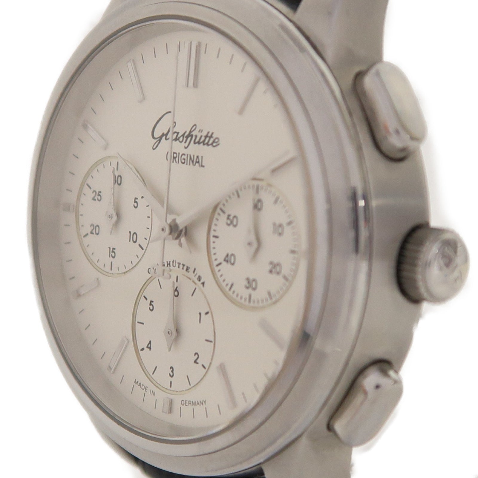GLASHUTTE ORIGINAL Senator Chronograph不鏽鋼/皮革帶手錶自動機芯銀色
