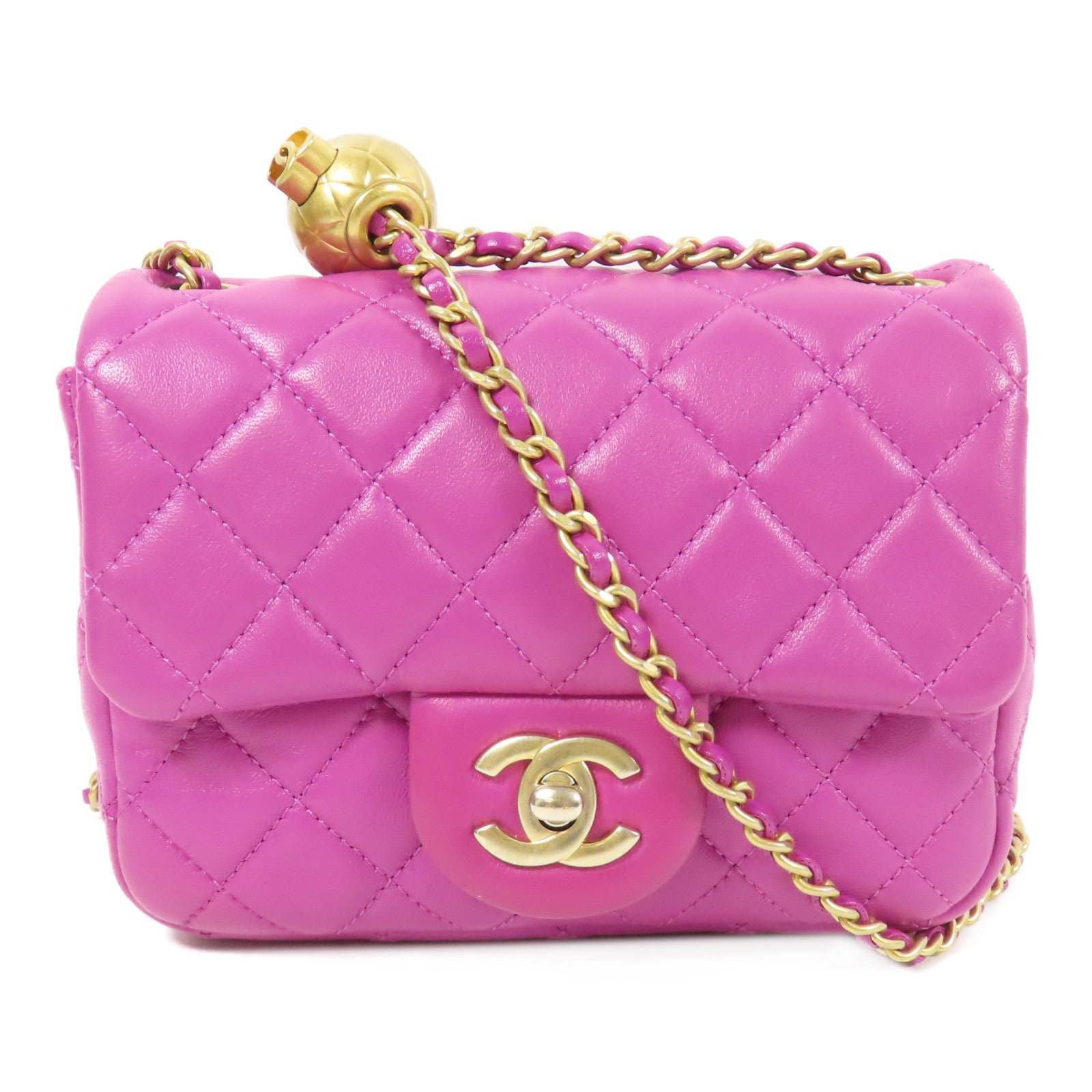 CHANEL CC GHW Mini Flap Bag Chain Shoulder Bag Lambskin Leather Purple