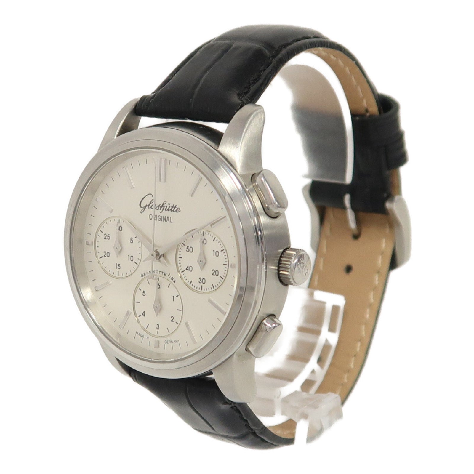 GLASHUTTE ORIGINAL Senator Chronograph不鏽鋼/皮革帶手錶自動機芯銀色
