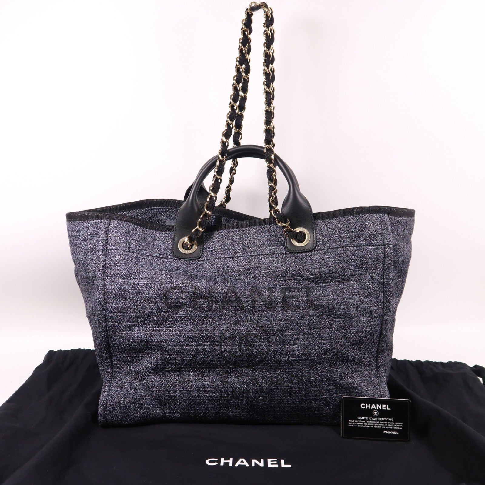 CHANEL Straw Deauville Tote Bag銀扣手挽肩背兩用袋黑色