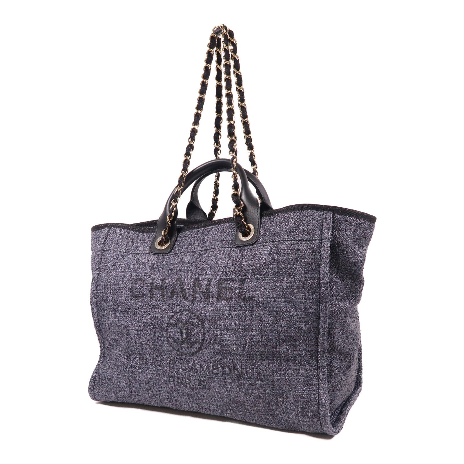 CHANEL Straw Deauville Tote Bag銀扣手挽肩背兩用袋黑色