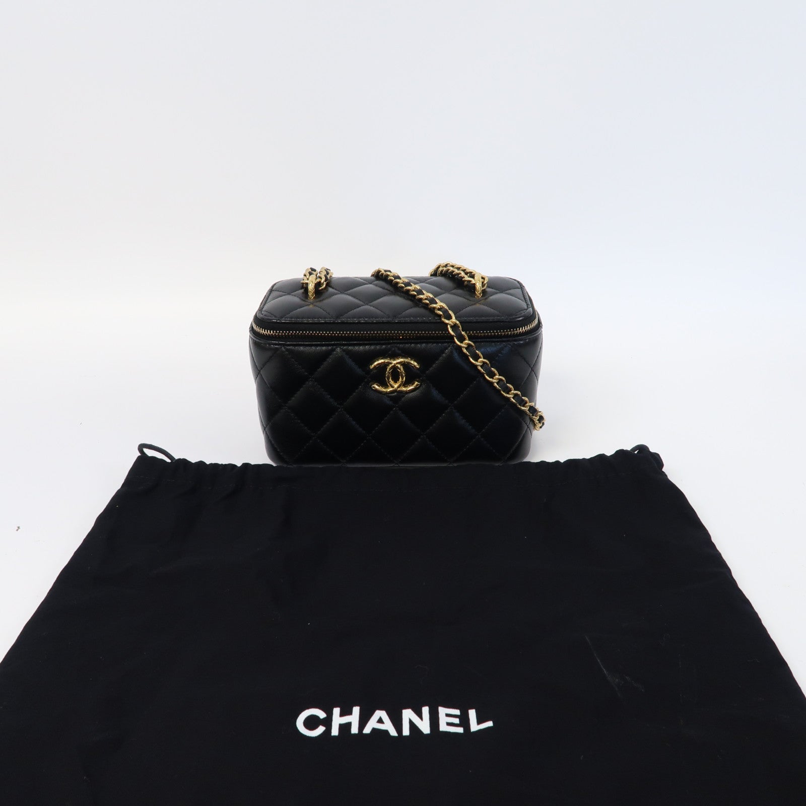 CHANEL 【激減優惠】菱格羊皮皮革Vanity Case金扣鏈帶肩背袋黑色
