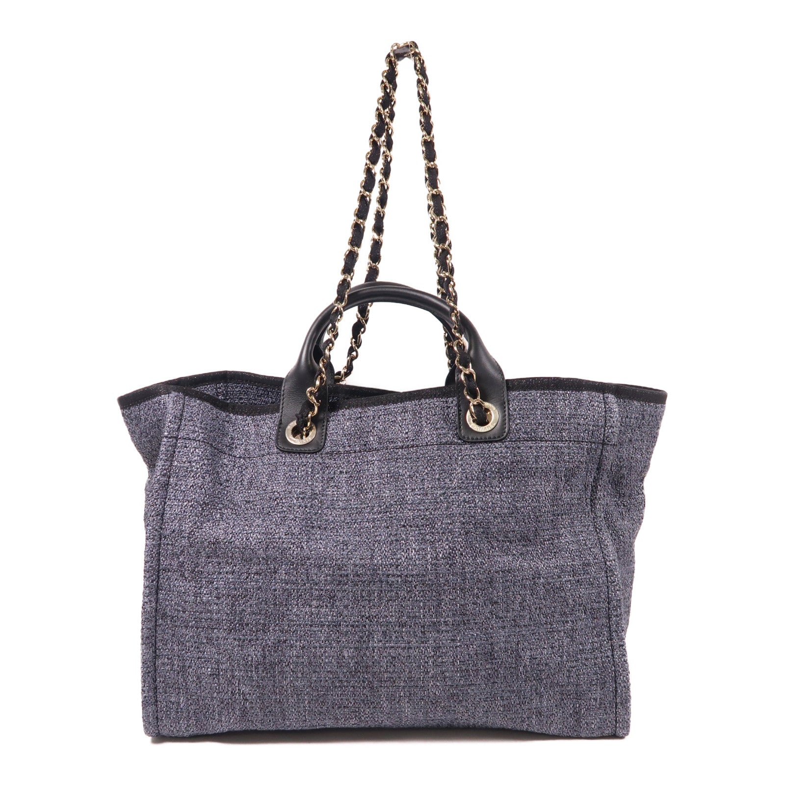CHANEL Straw Deauville Tote Bag銀扣手挽肩背兩用袋黑色