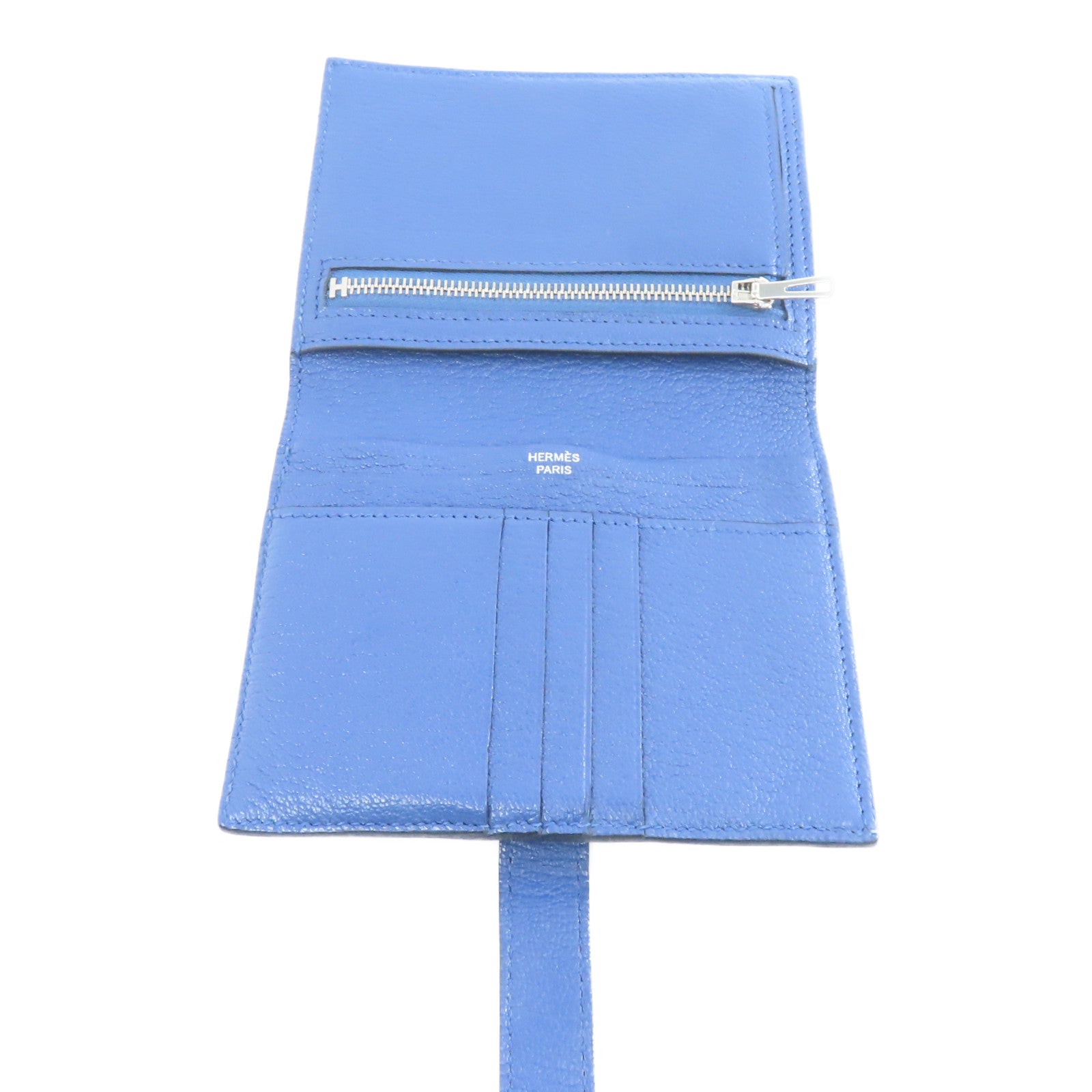 HERMES Chevre皮革Bearn Wallet銀扣錢包藍色