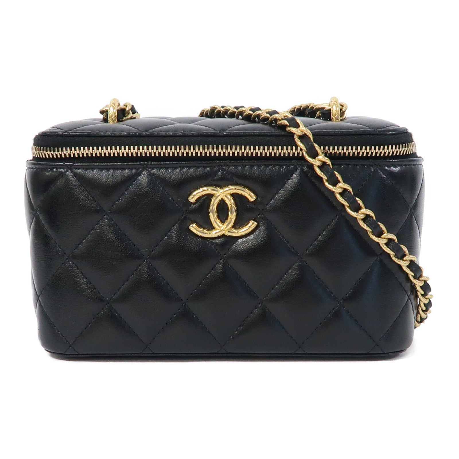 CHANEL 【激減優惠】菱格羊皮皮革Vanity Case金扣鏈帶肩背袋黑色