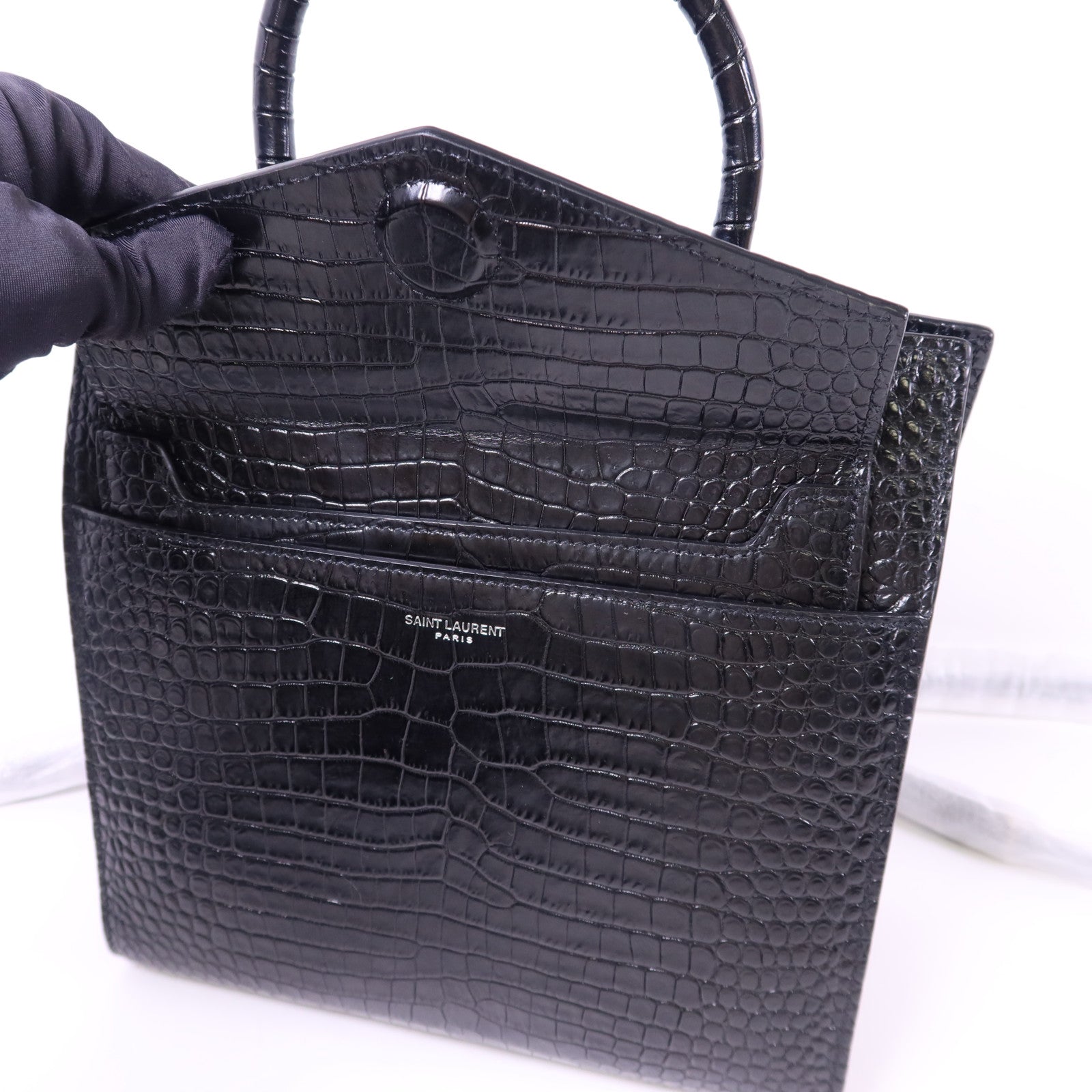 SAINT LAURENT 牛皮皮革Uptown Small Tote銀扣手挽肩背兩用袋